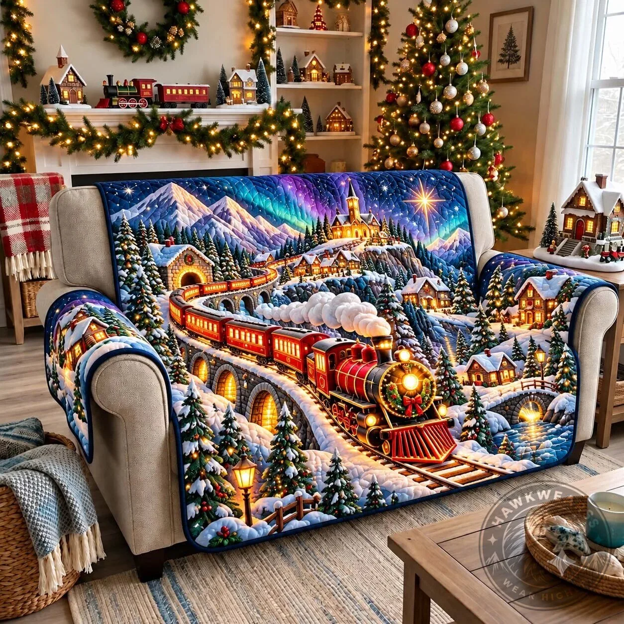 Christmas Holiday Express Train Winter Village Quilted Sofa Cover Protector 9 Christmas Holiday Express Train Winter Village Quilted Sofa Cover Protector
