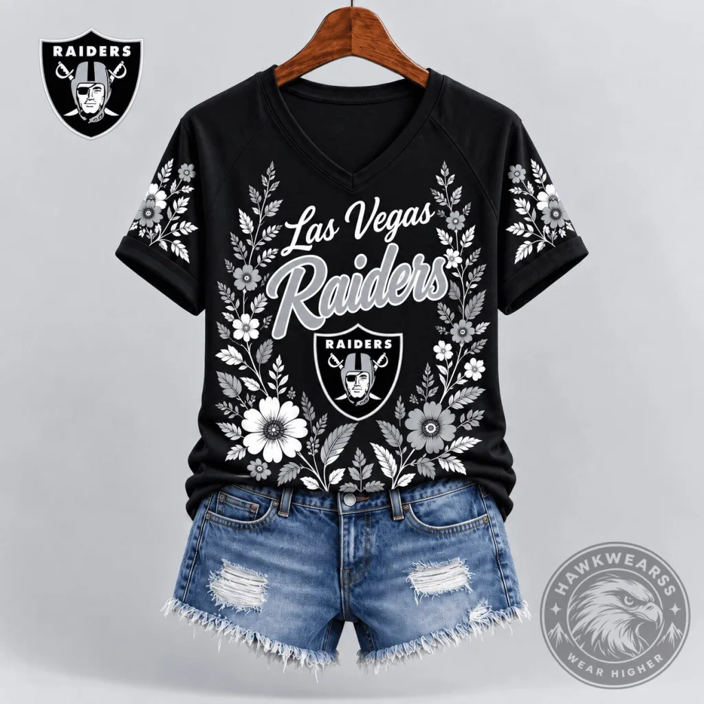 Las Vegas Raiders Floral Spirit V-Neck Black T-Shirt for Women 27 Las Vegas Raiders Floral Spirit V-Neck Black T-Shirt for Women