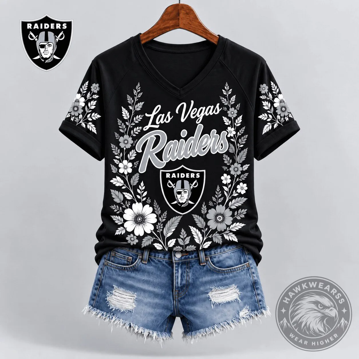 Las Vegas Raiders Floral Spirit V-Neck Black T-Shirt for Women 2 Las Vegas Raiders Floral Spirit V-Neck Black T-Shirt for Women