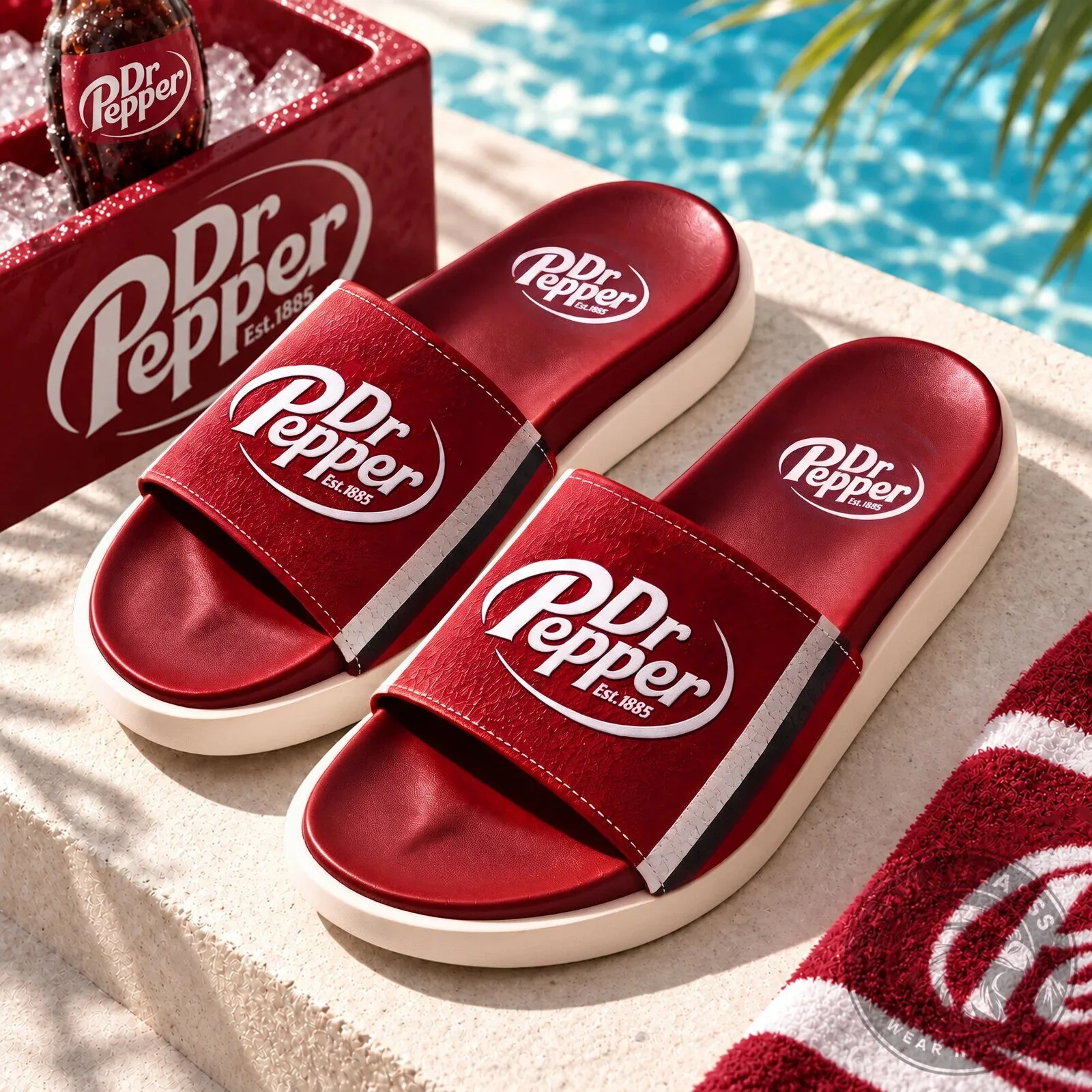 Dr Pepper Est. 1885 Logo Red and White Striped Slide Sandals