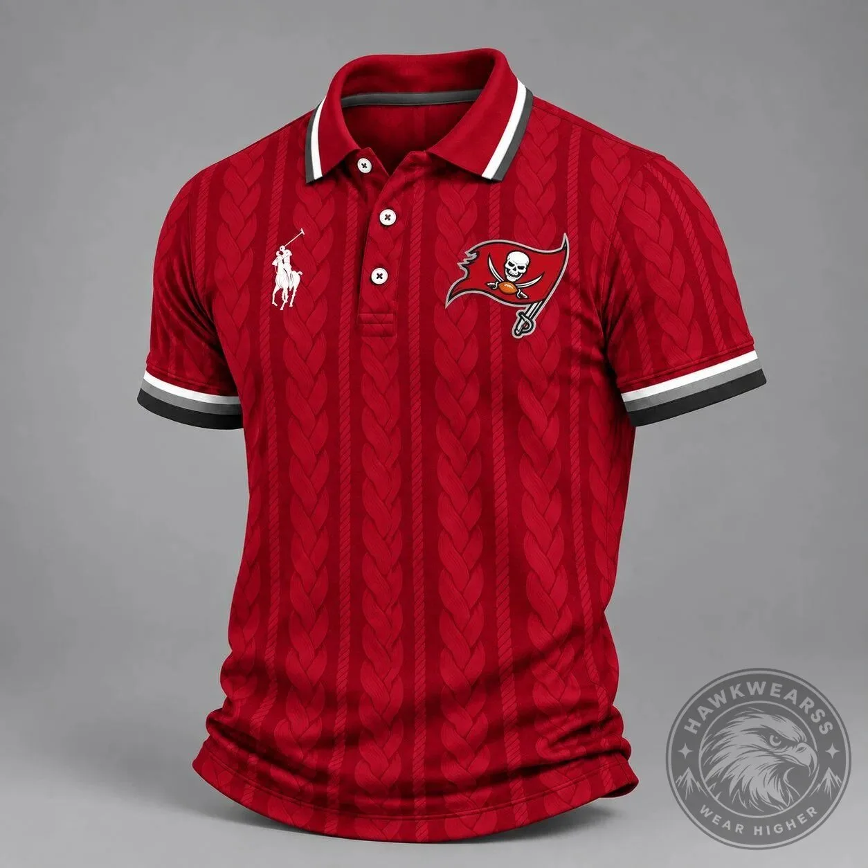 Tampa Bay Buccaneers NFL Football Team Red Cable Knit Pattern Polo Shirt 5 Tampa Bay Buccaneers NFL Football Team Red Cable Knit Pattern Polo Shirt