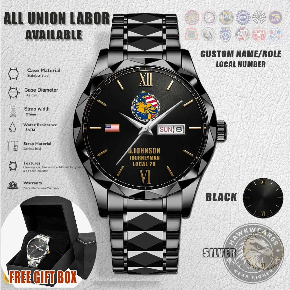 Union Roofers Waterproofers Allied Workers Stainless Steel Watch