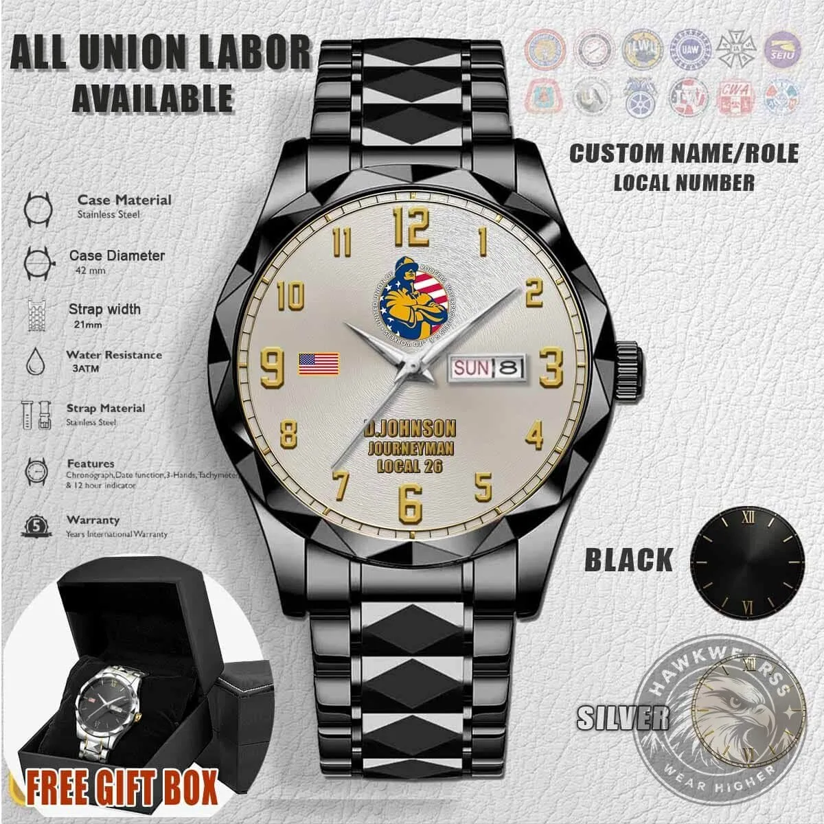 Union Roofers Waterproofers Allied Workers Stainless Steel Watch 8 Union Roofers Waterproofers Allied Workers Stainless Steel Watch