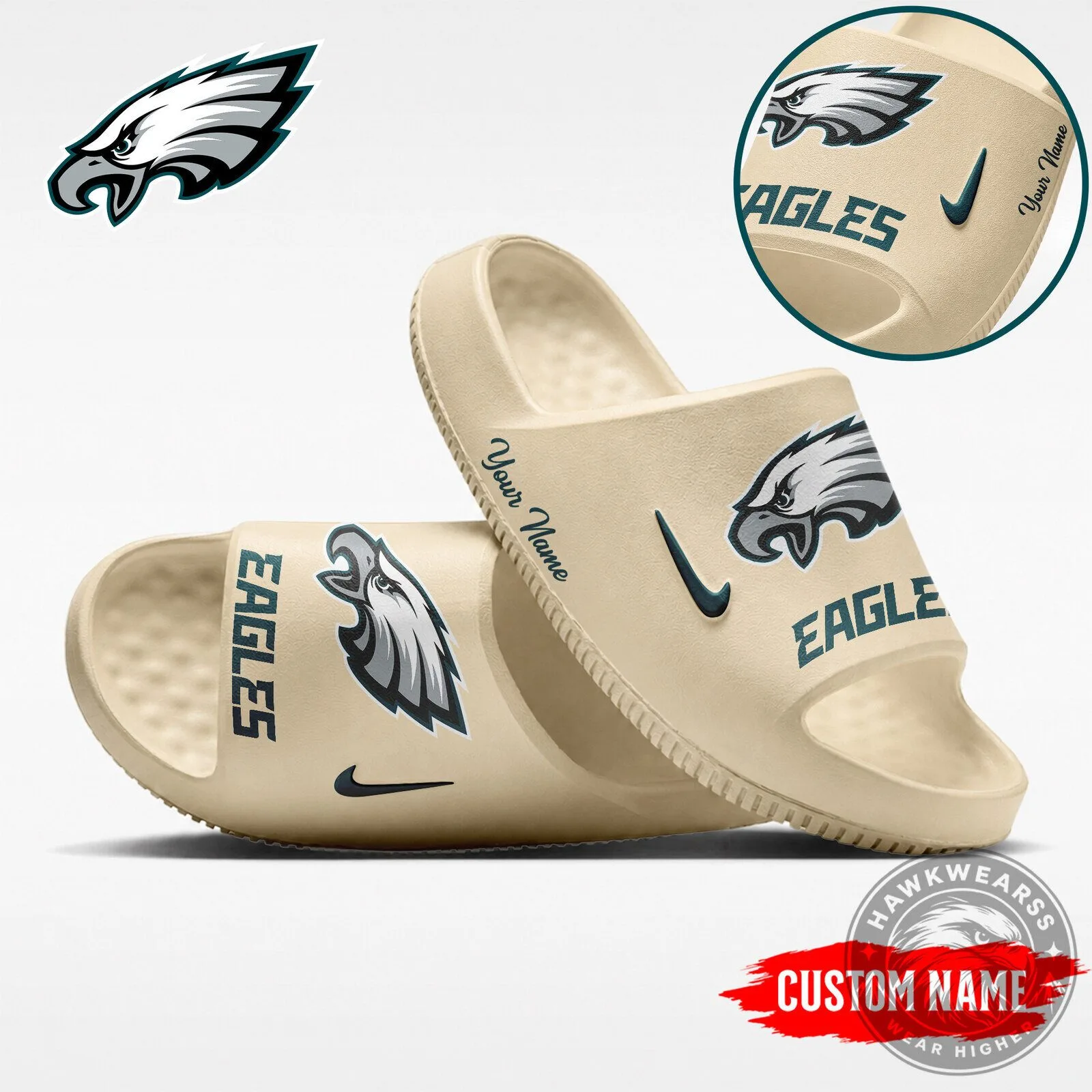 Philadelphia Eagles Custom Name NFL Team Logo Cream Beige Slides Sandals
