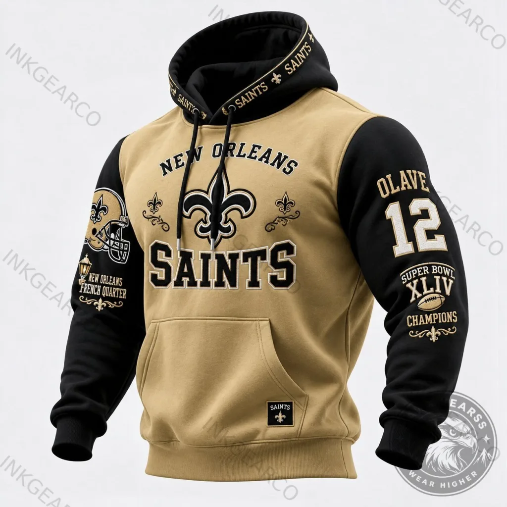 New Orleans Saints NFL Football Team Gold Black Hoodie 46 New Orleans Saints NFL Football Team Gold Black Hoodie