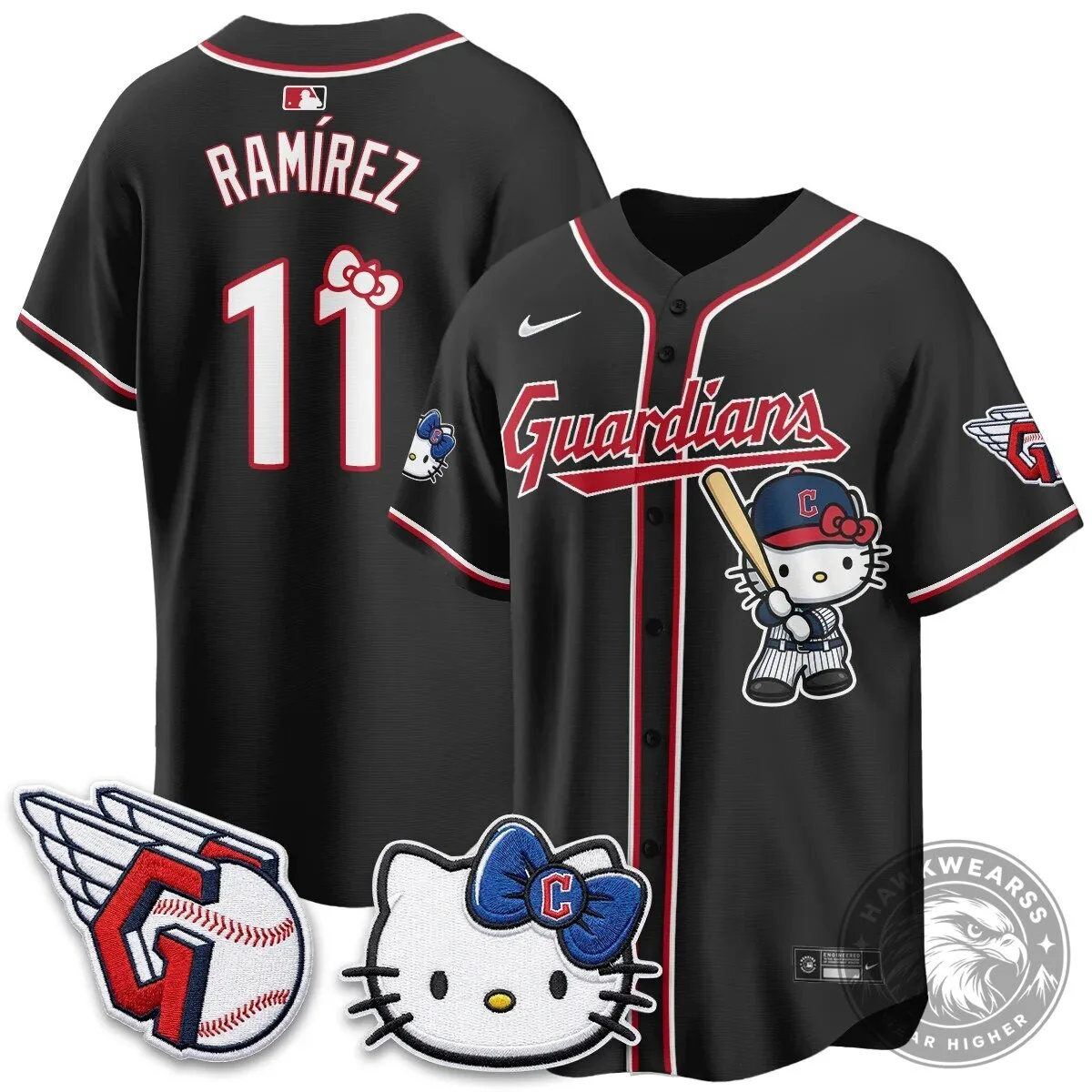Cleveland Guardians Jose Ramirez Hello Kitty Baseball Jersey 49 Cleveland Guardians Jose Ramirez Hello Kitty Baseball Jersey