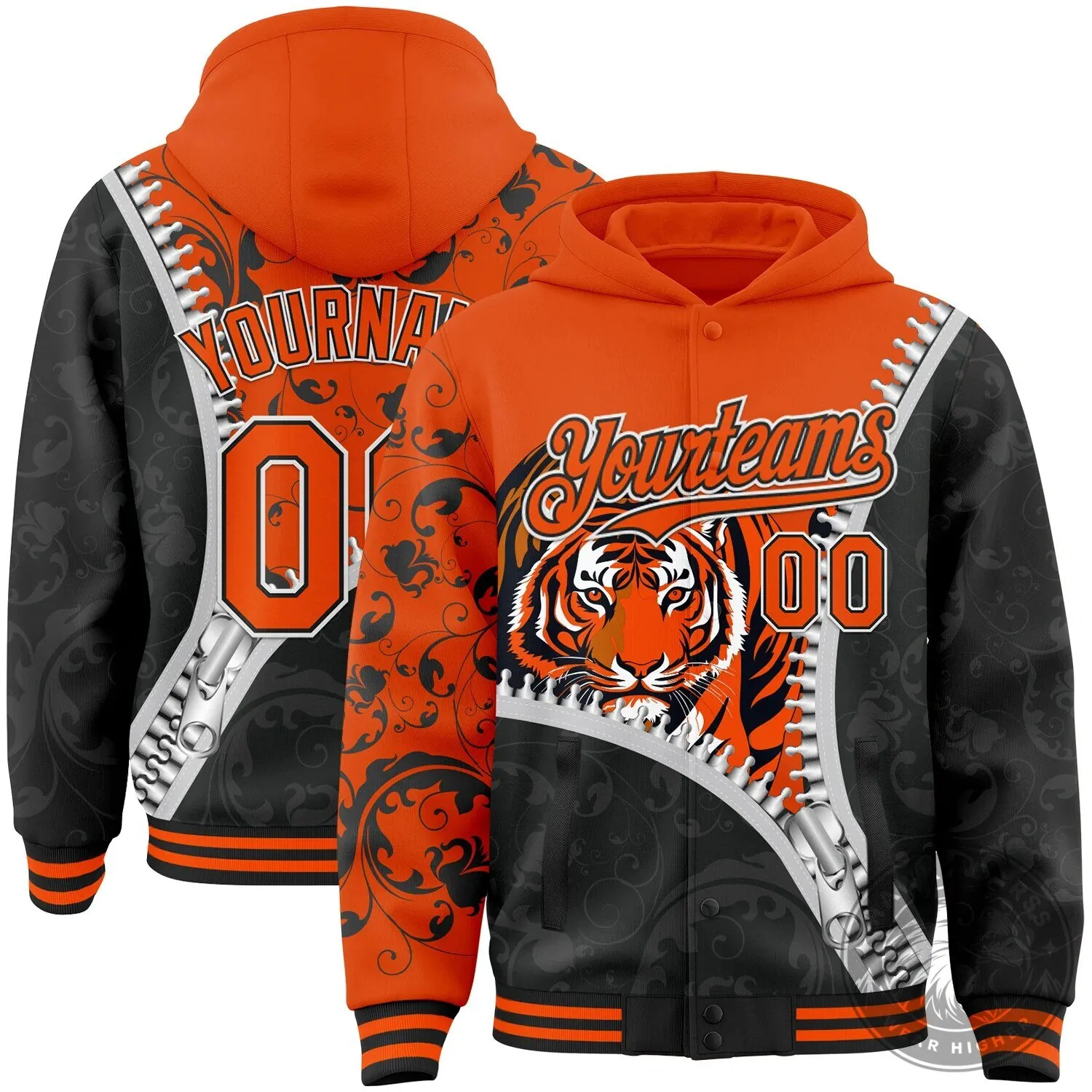 Custom Orange Black Tiger Mascot Full-Snap Varsity Letterman Hoodie Jacket 2 Custom Orange Black Tiger Mascot Full-Snap Varsity Letterman Hoodie Jacket