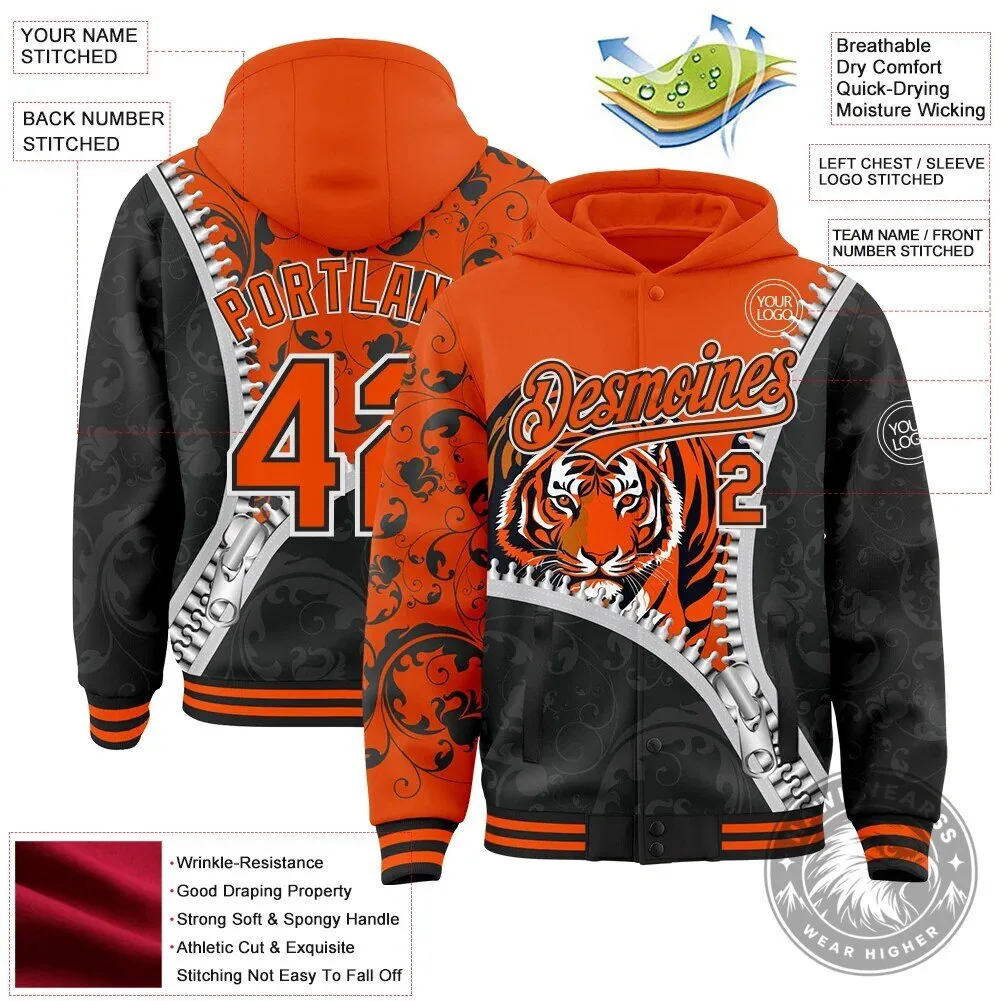Custom Orange Black Tiger Mascot Full-Snap Varsity Letterman Hoodie Jacket 13 Custom Orange Black Tiger Mascot Full-Snap Varsity Letterman Hoodie Jacket