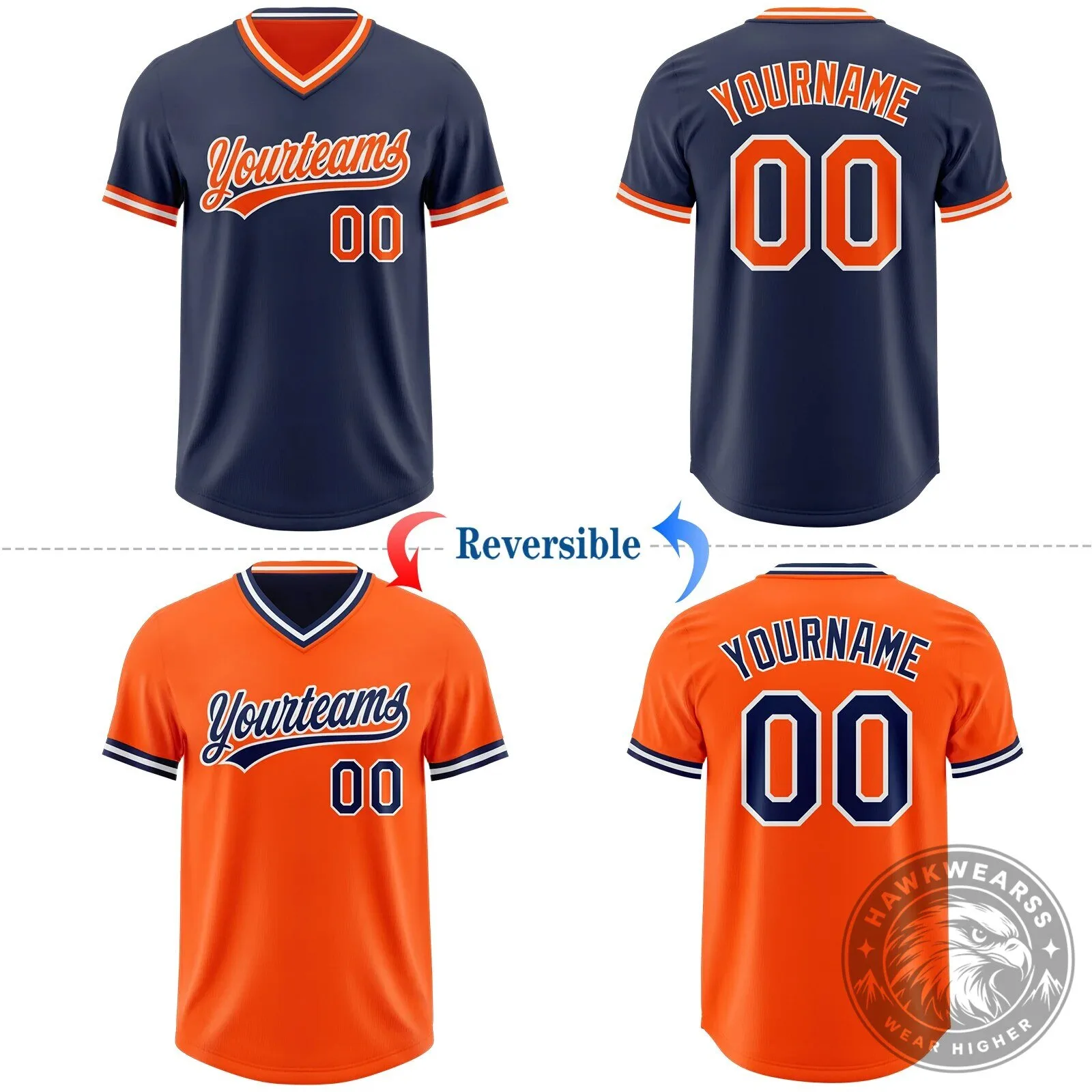 Custom Reversible Baseball Jersey Shirt Orange Navy Blue White Striped V-Neck 12 Custom Reversible Baseball Jersey Shirt Orange Navy Blue White Striped V-Neck