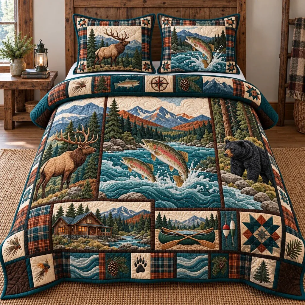 Rustic Wildlife Hunting Fishing Patchwork Quilted Bedding Set with Pillow Shams Rustic Wildlife Hunting Fishing Patchwork Quilted Bedding Set with Pillow Shams