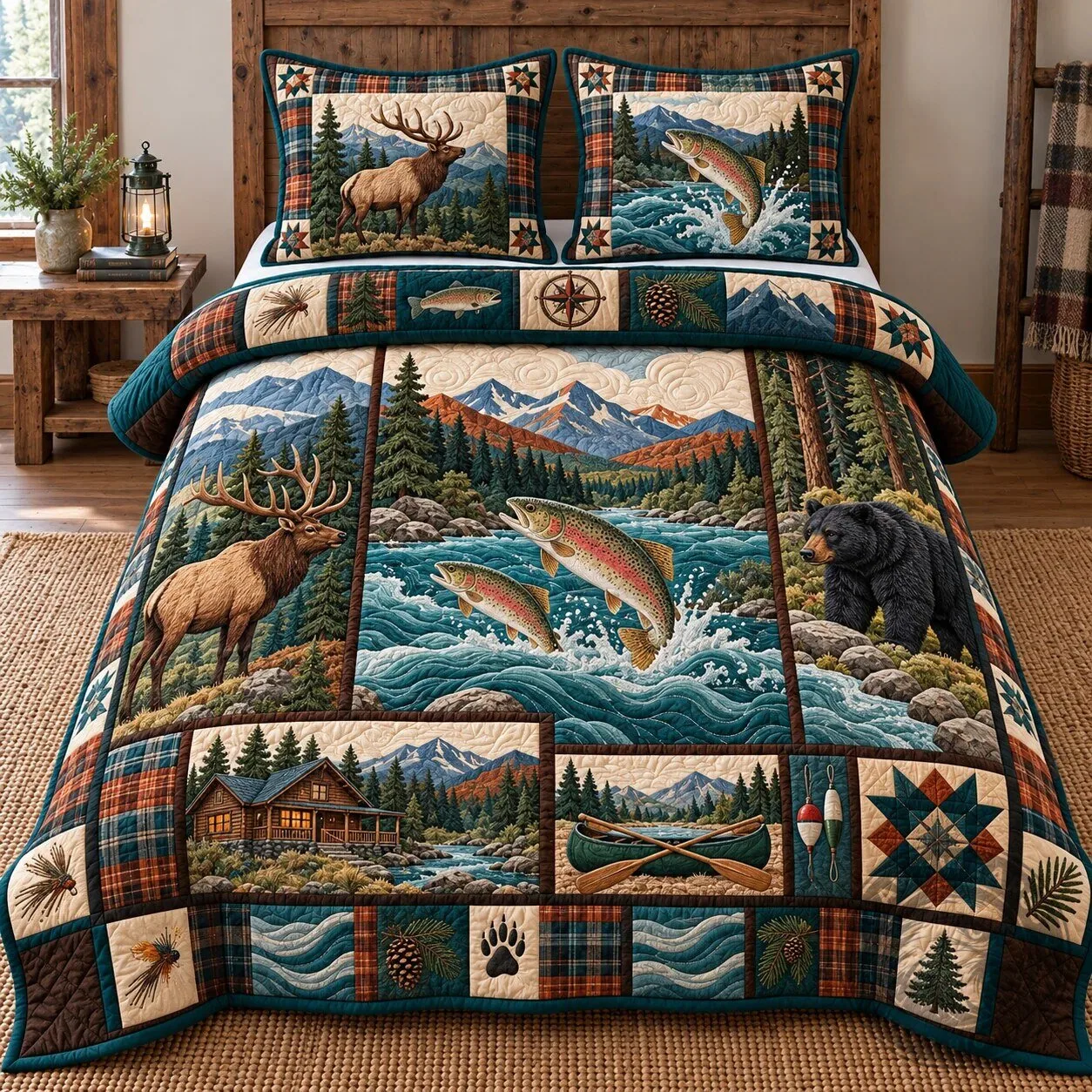 Rustic Wildlife Hunting Fishing Patchwork Quilted Bedding Set with Pillow Shams