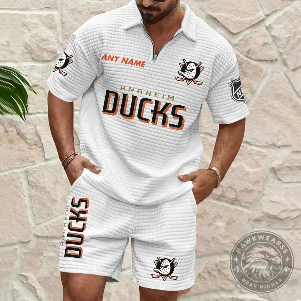 Anaheim Ducks Personalized Name Waffle Knit Polo Shirt and Shorts Set