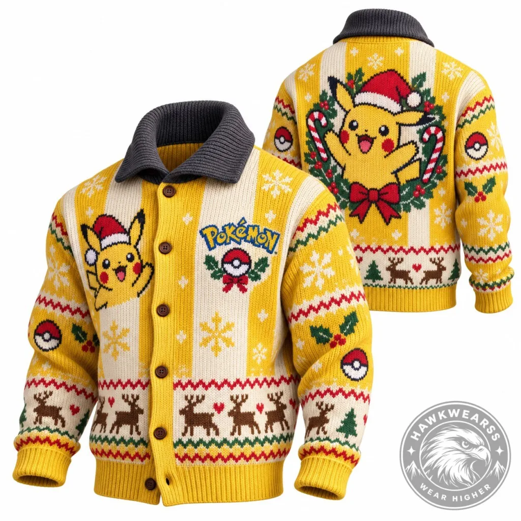 Pokemon Pikachu Christmas Holiday Ugly Sweater Cardigan Pokemon Pikachu Christmas Holiday Ugly Sweater Cardigan