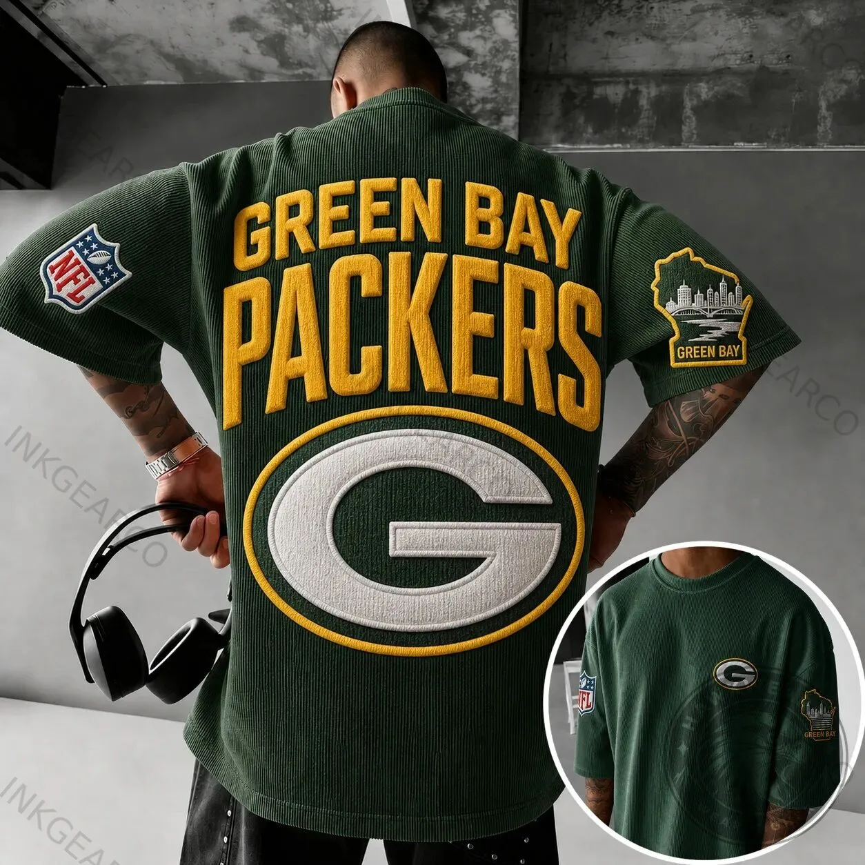 Green Bay Packers Embroidered Logo Oversized Short Sleeve T-Shirt 2 Green Bay Packers Embroidered Logo Oversized Short Sleeve T-Shirt