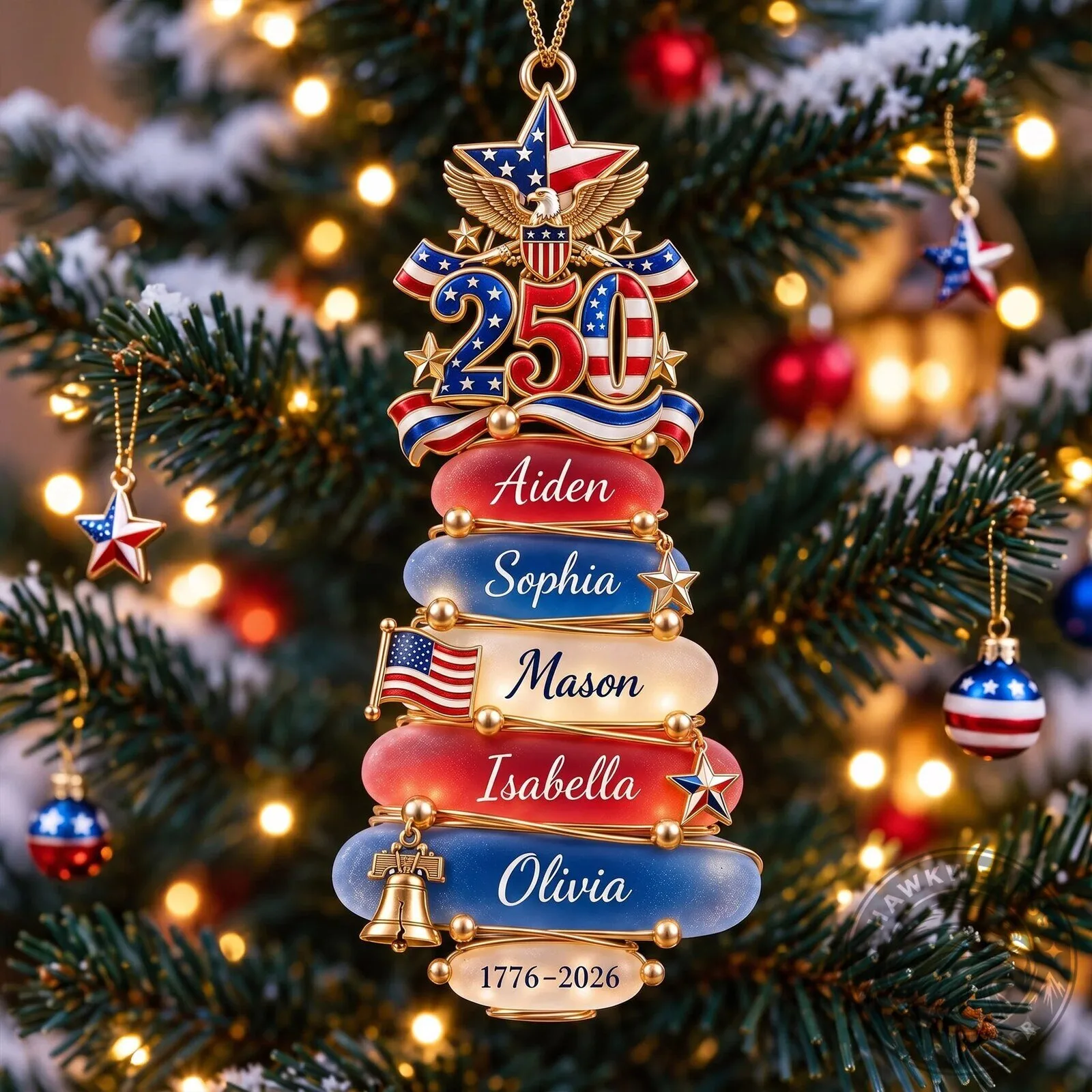 Personalized American Family Christmas Tree Ornament with Names and 250th Anniversary