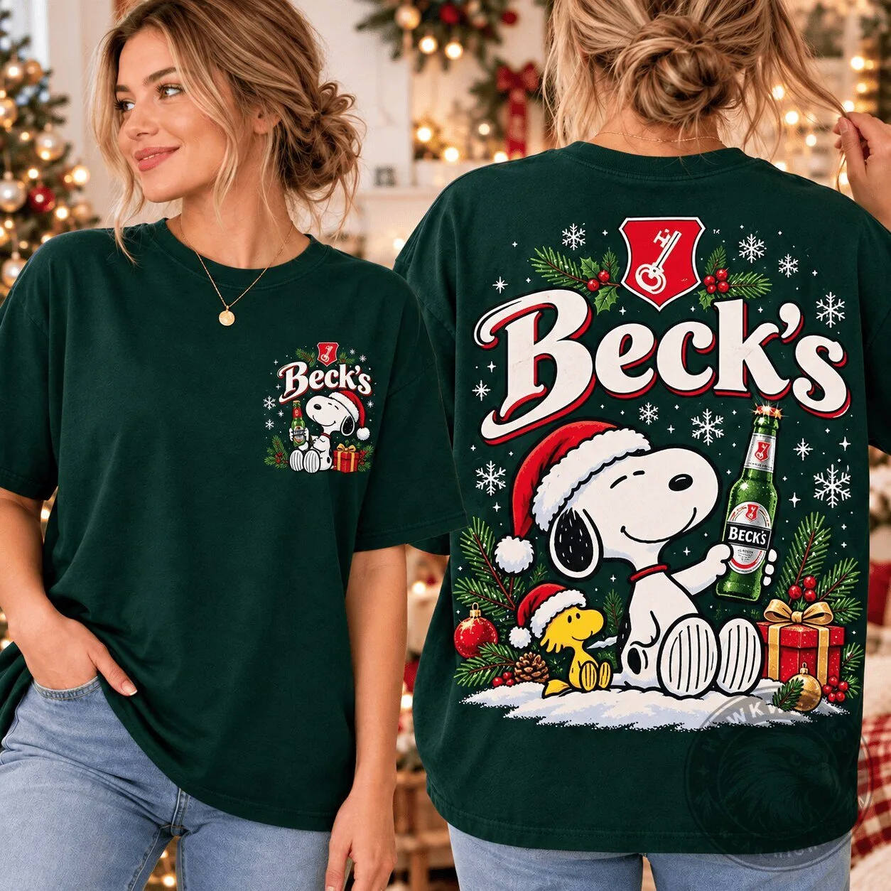 Beck's Beer Snoopy and Woodstock Christmas Holiday T-Shirt