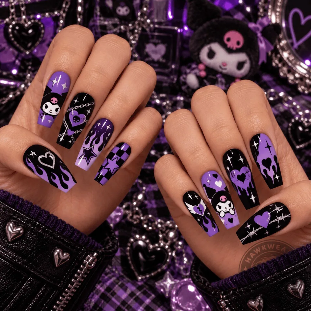 Kuromi Midnight Rebel Gothic Purple Flame Press-On Nails Set Kuromi Midnight Rebel Gothic Purple Flame Press-On Nails Set