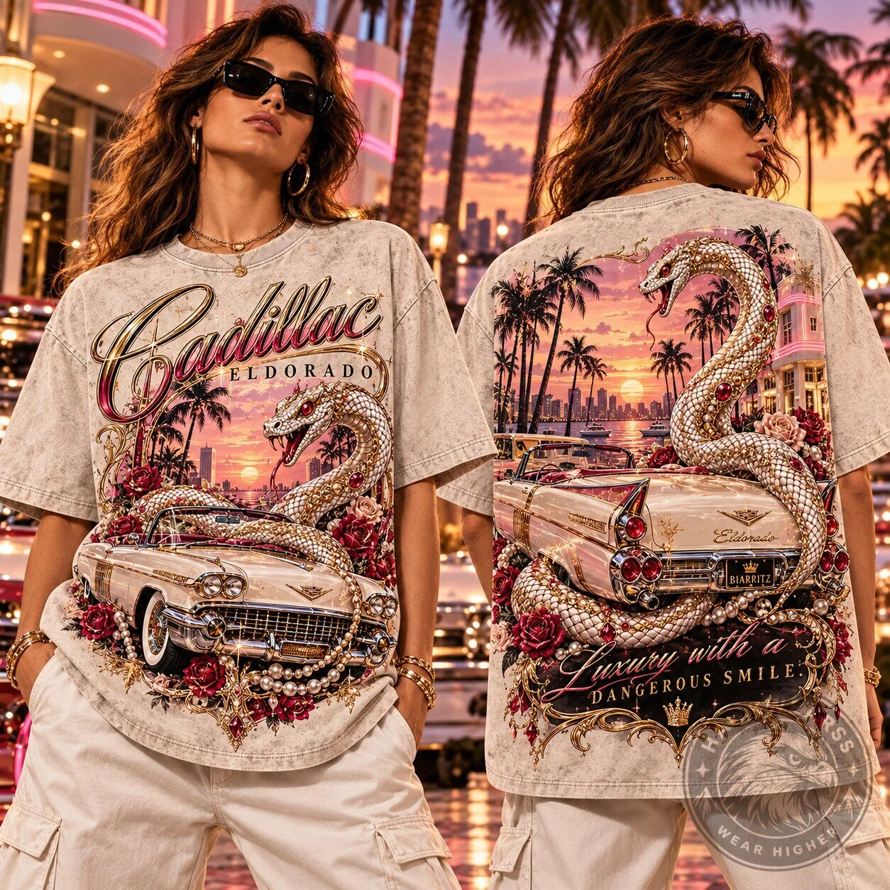Cadillac Eldorado Biarritz Luxury Cobra Pearl Roses Sunset T-Shirt 1 Cadillac Eldorado Biarritz Luxury Cobra Pearl Roses Sunset T-Shirt