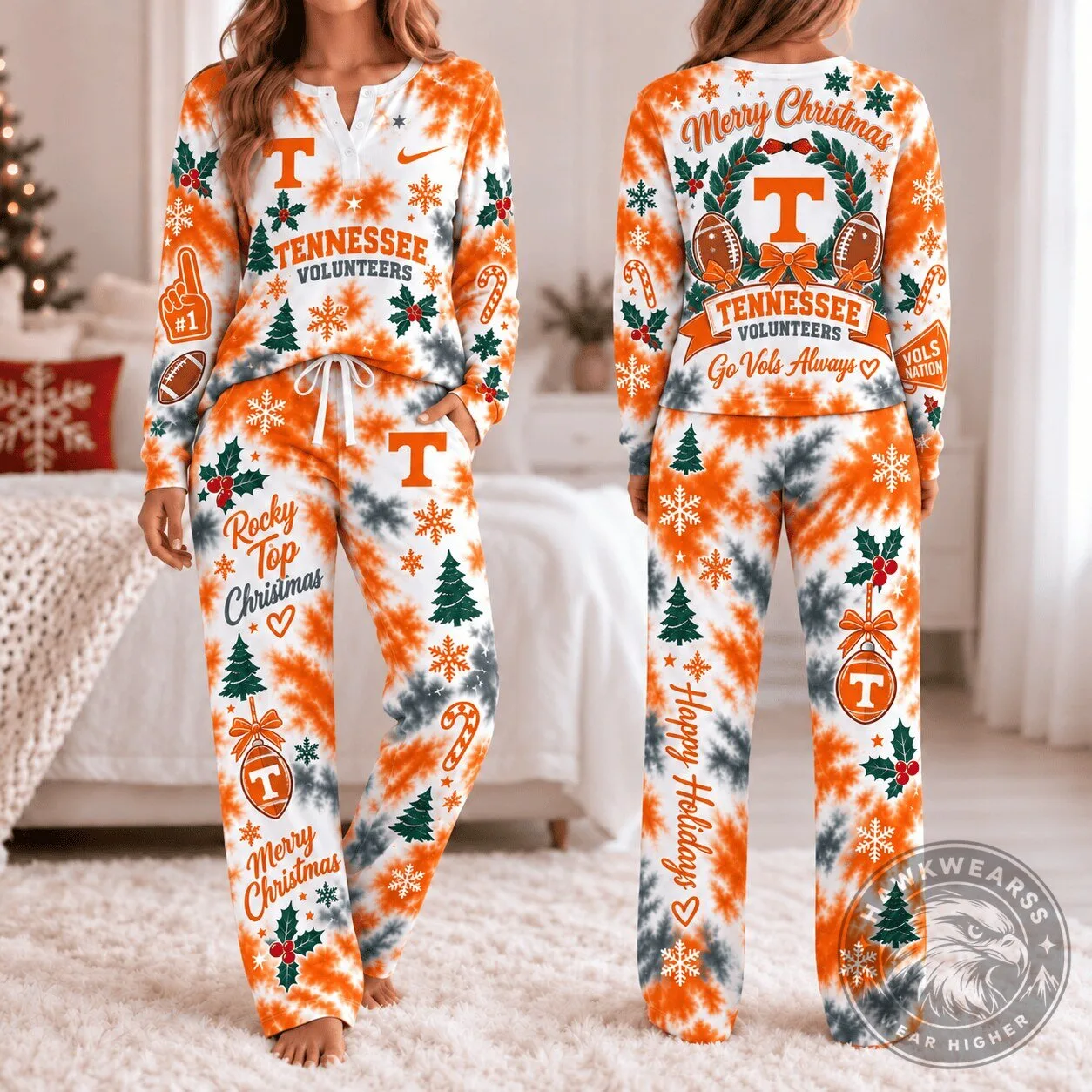Tennessee Volunteers Christmas Tie-Dye Long Sleeve Pajamas Set 2 Tennessee Volunteers Christmas Tie-Dye Long Sleeve Pajamas Set