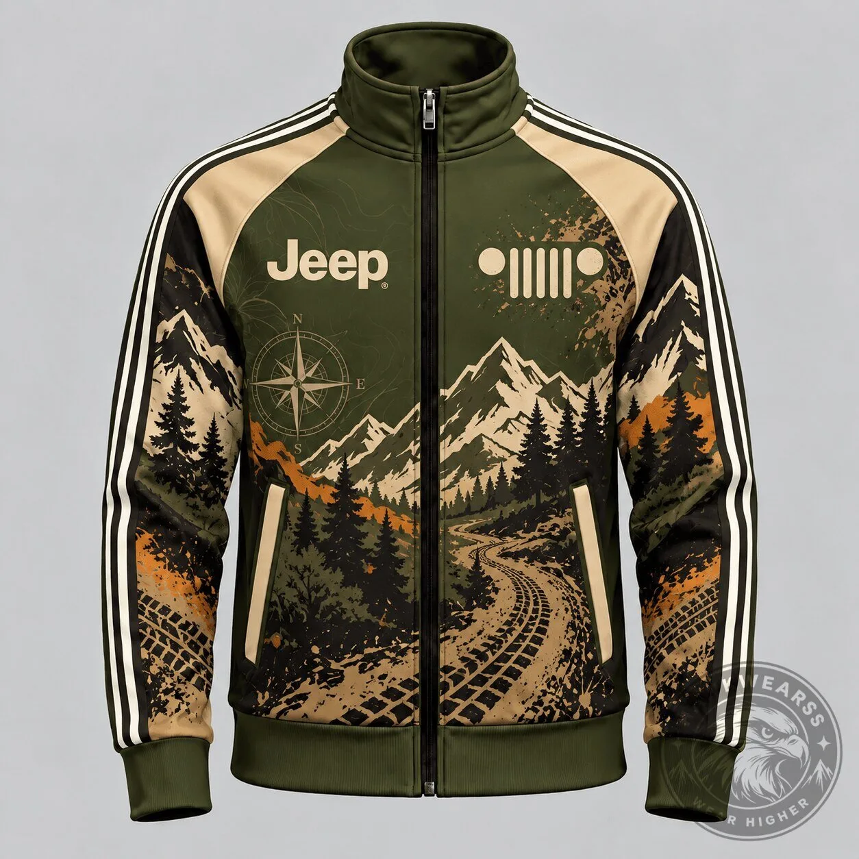 Jeep Mountains and Tire Tracks Olive Green Full Zip Track Jacket