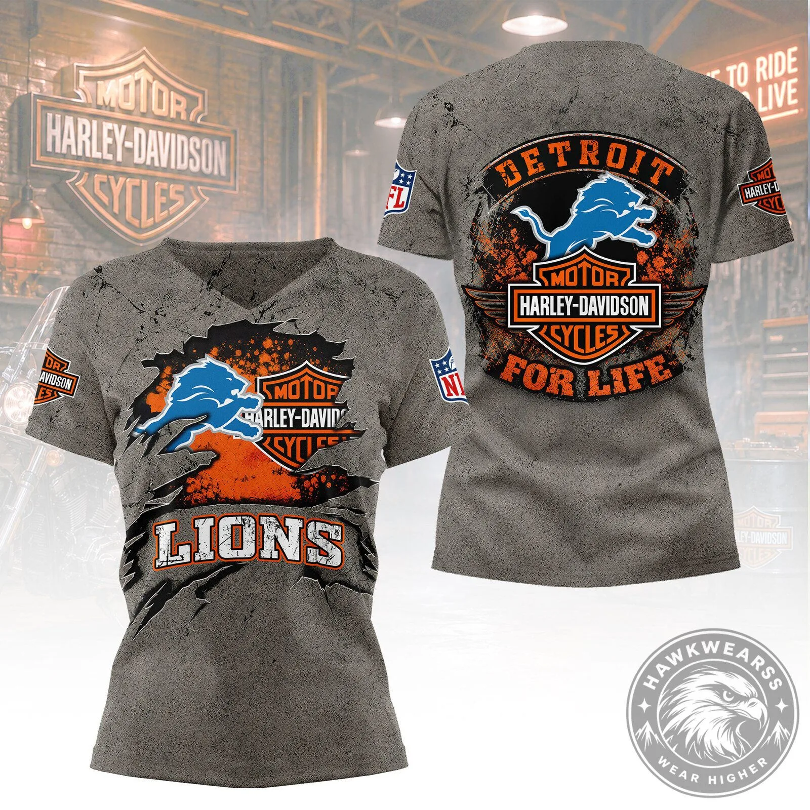 Detroit Lions Harley Davidson For Life Vintage Style Distressed T-Shirt