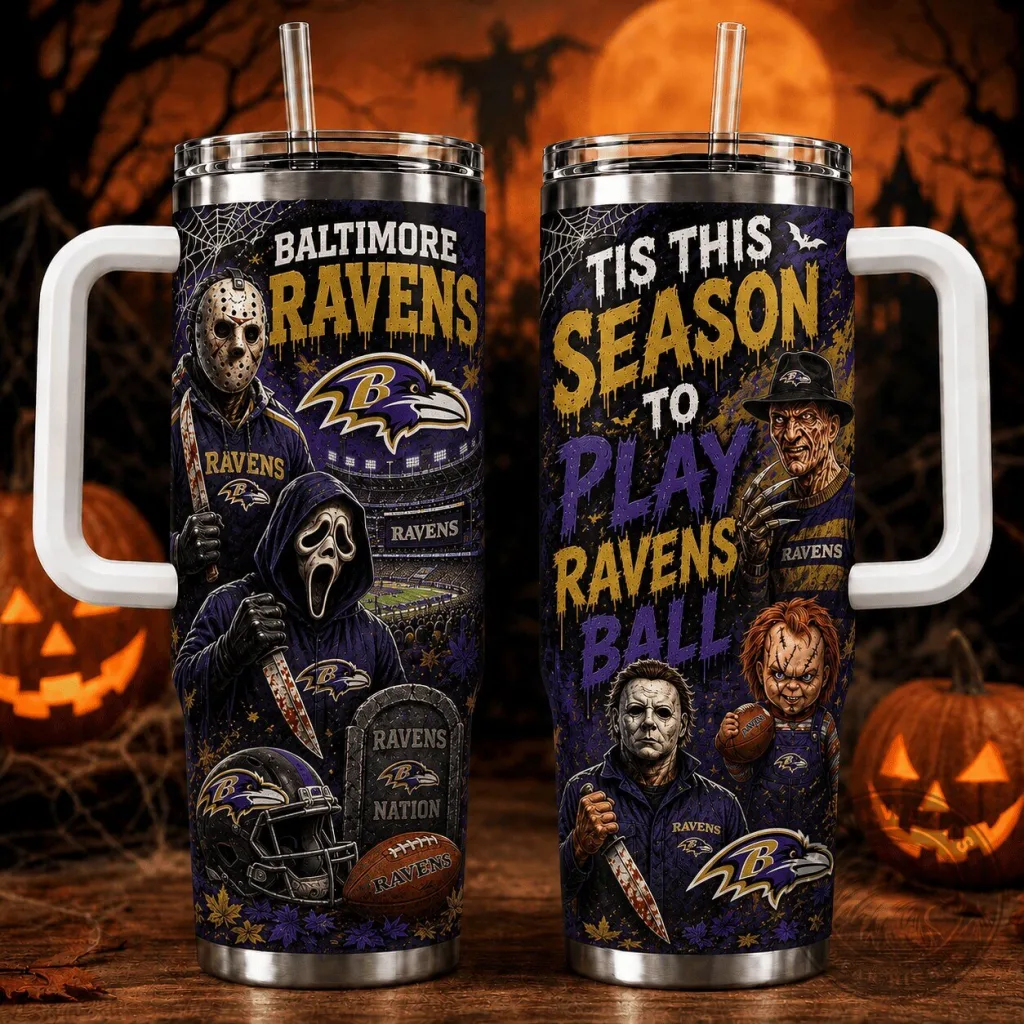 Baltimore Ravens Halloween Horror Characters Football Fan Tumbler with Handle Baltimore Ravens Halloween Horror Characters Football Fan Tumbler with Handle