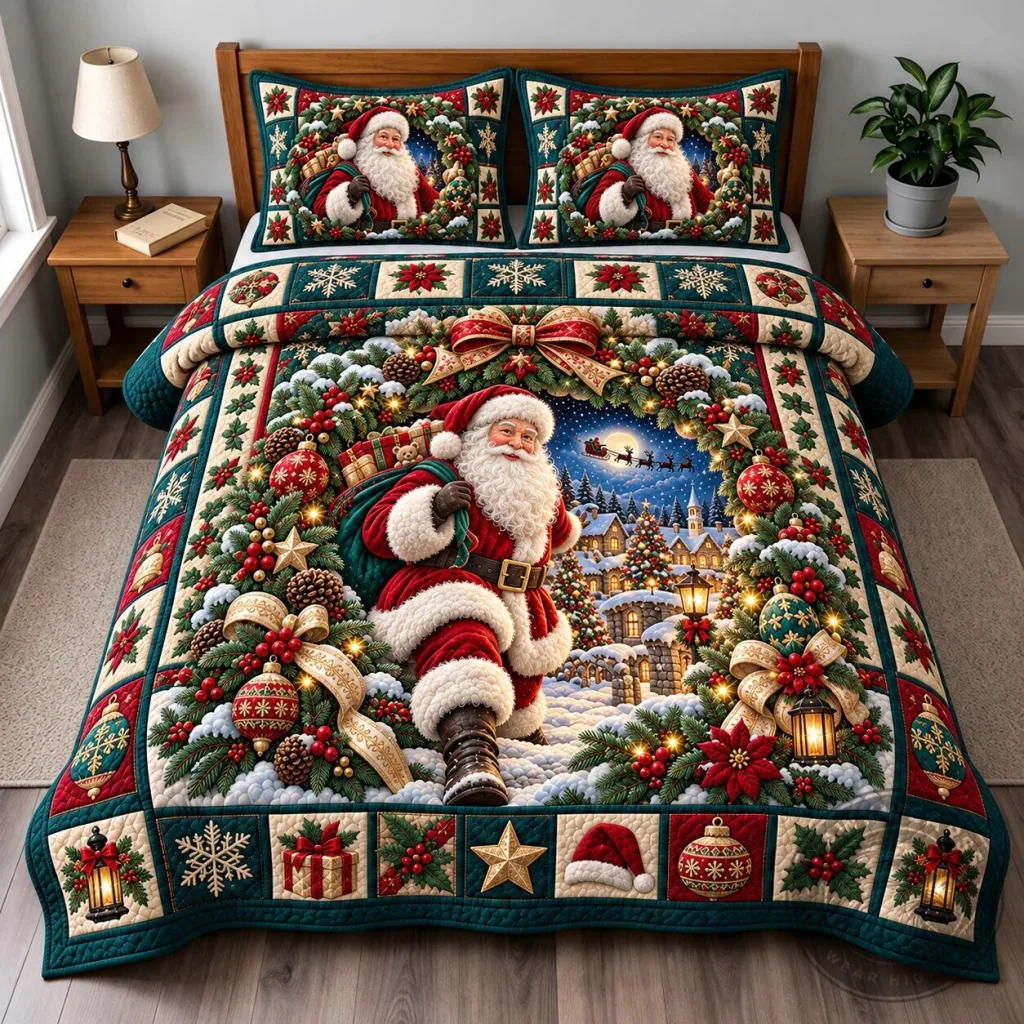 Christmas Santa Claus Winter Wonderland Holiday Quilted Bedding Set 33 Christmas Santa Claus Winter Wonderland Holiday Quilted Bedding Set