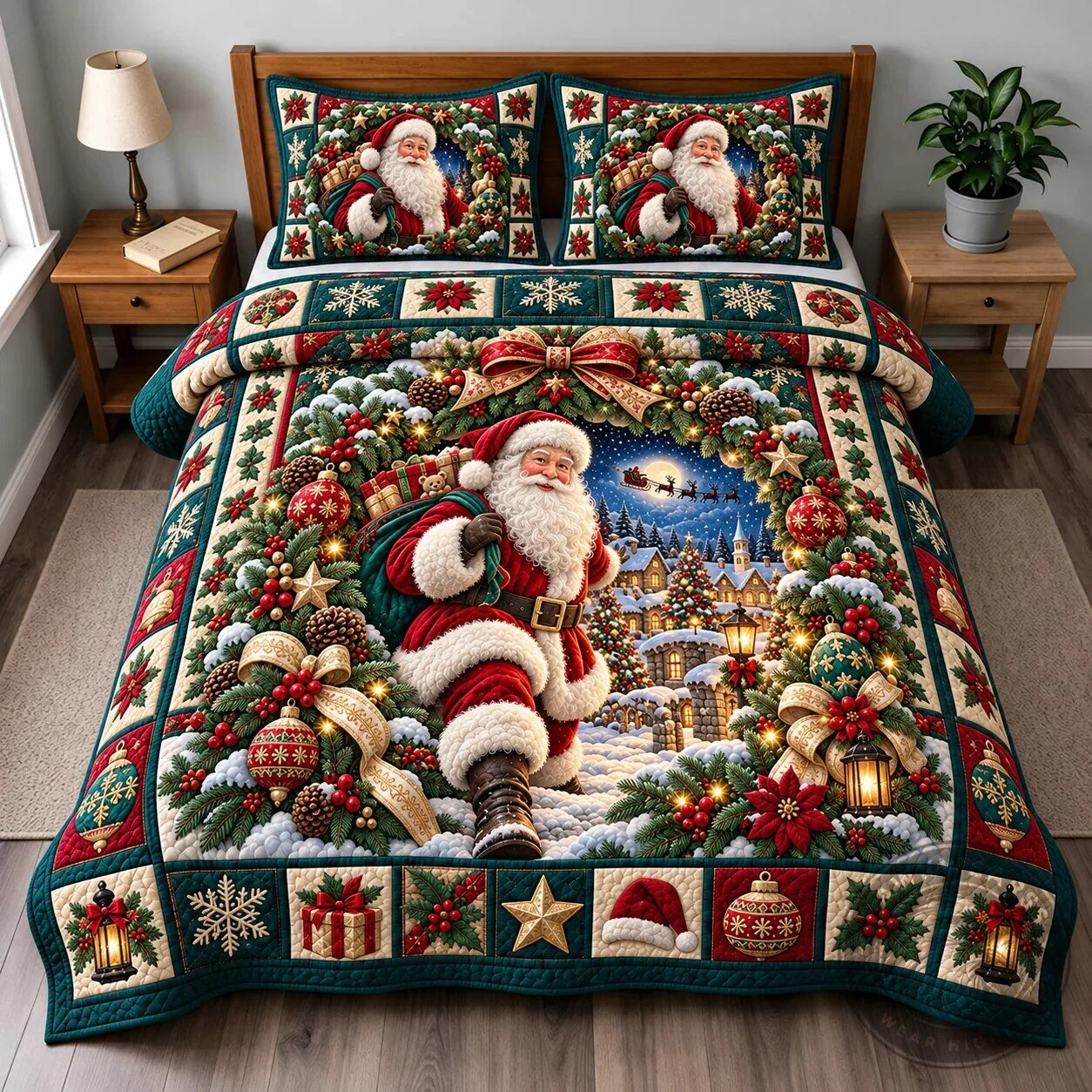 Christmas Santa Claus Winter Wonderland Holiday Quilted Bedding Set