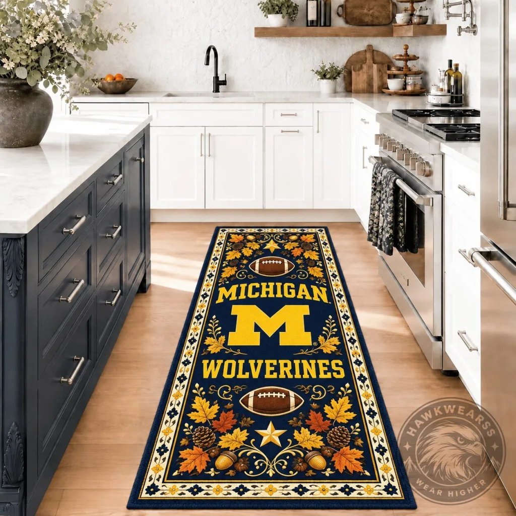 Michigan Wolverines Autumn Leaves Football Kitchen Runner Rug Michigan Wolverines Autumn Leaves Football Kitchen Runner Rug