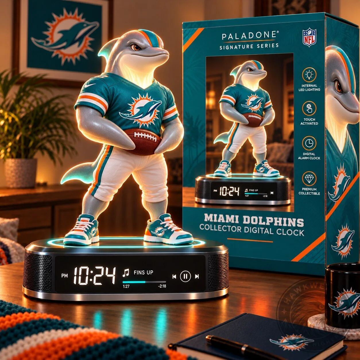 Miami Dolphins NFL Collector Digital Alarm Clock with Internal LED Lighting