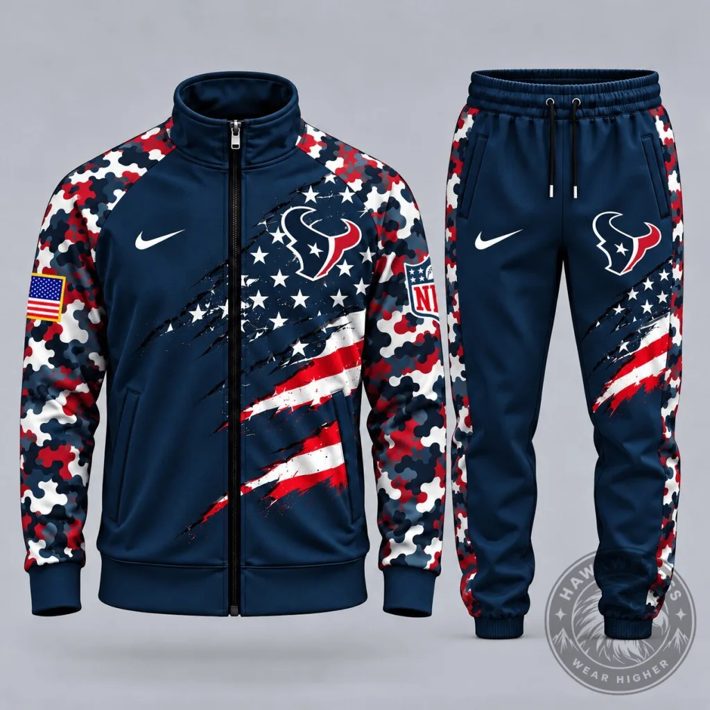 Houston Texans Patriotic Camouflage Full-Zip Tracksuit Jacket and Jogger Pants Set Houston Texans Patriotic Camouflage Full-Zip Tracksuit Jacket and Jogger Pants Set