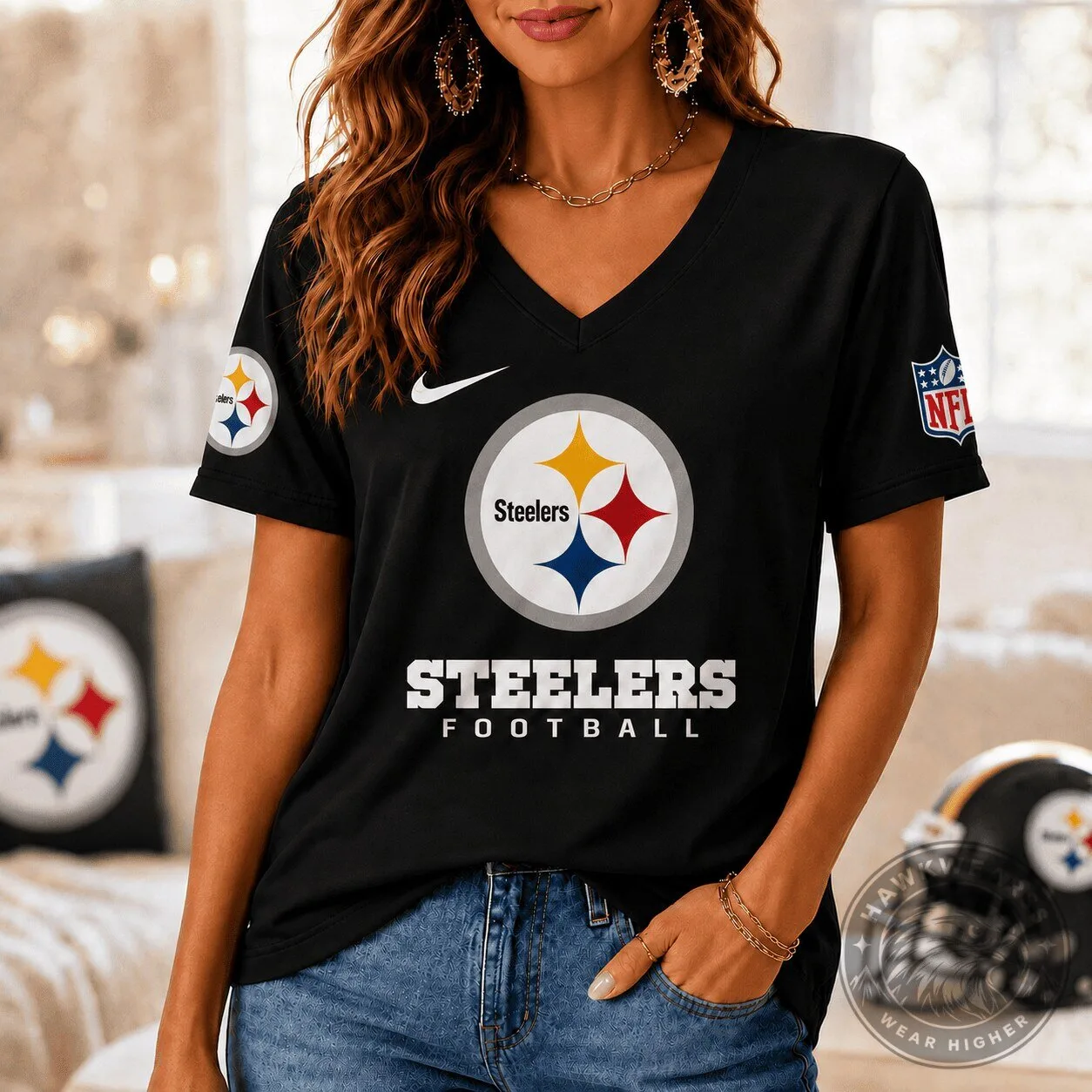 Pittsburgh Steelers Women's V-Neck Football T-Shirt 4 Pittsburgh Steelers Women's V-Neck Football T-Shirt