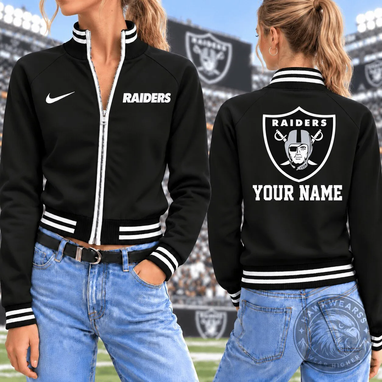 Las Vegas Raiders Custom Name Black Full-Zip Bomber Jacket for Women 1 Las Vegas Raiders Custom Name Black Full-Zip Bomber Jacket for Women