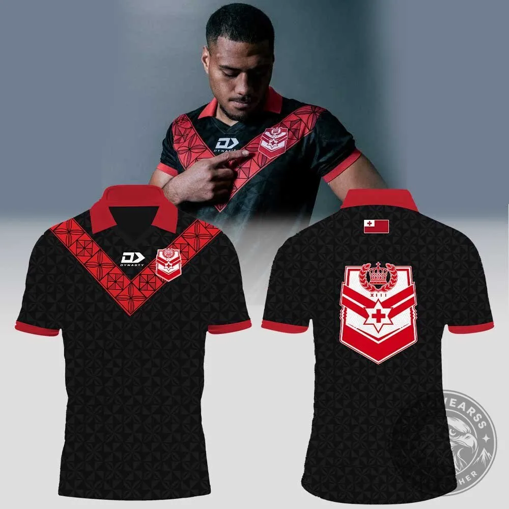 Tonga Rugby League Red Black Patterned Polo Shirt