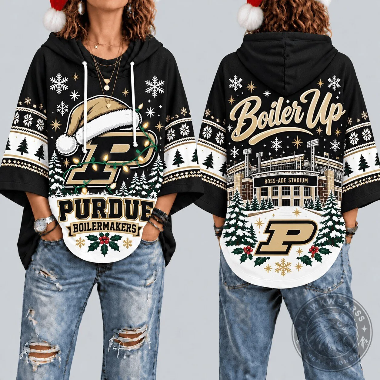 Purdue Boilermakers Christmas Ugly Sweater Style Hooded Poncho Top