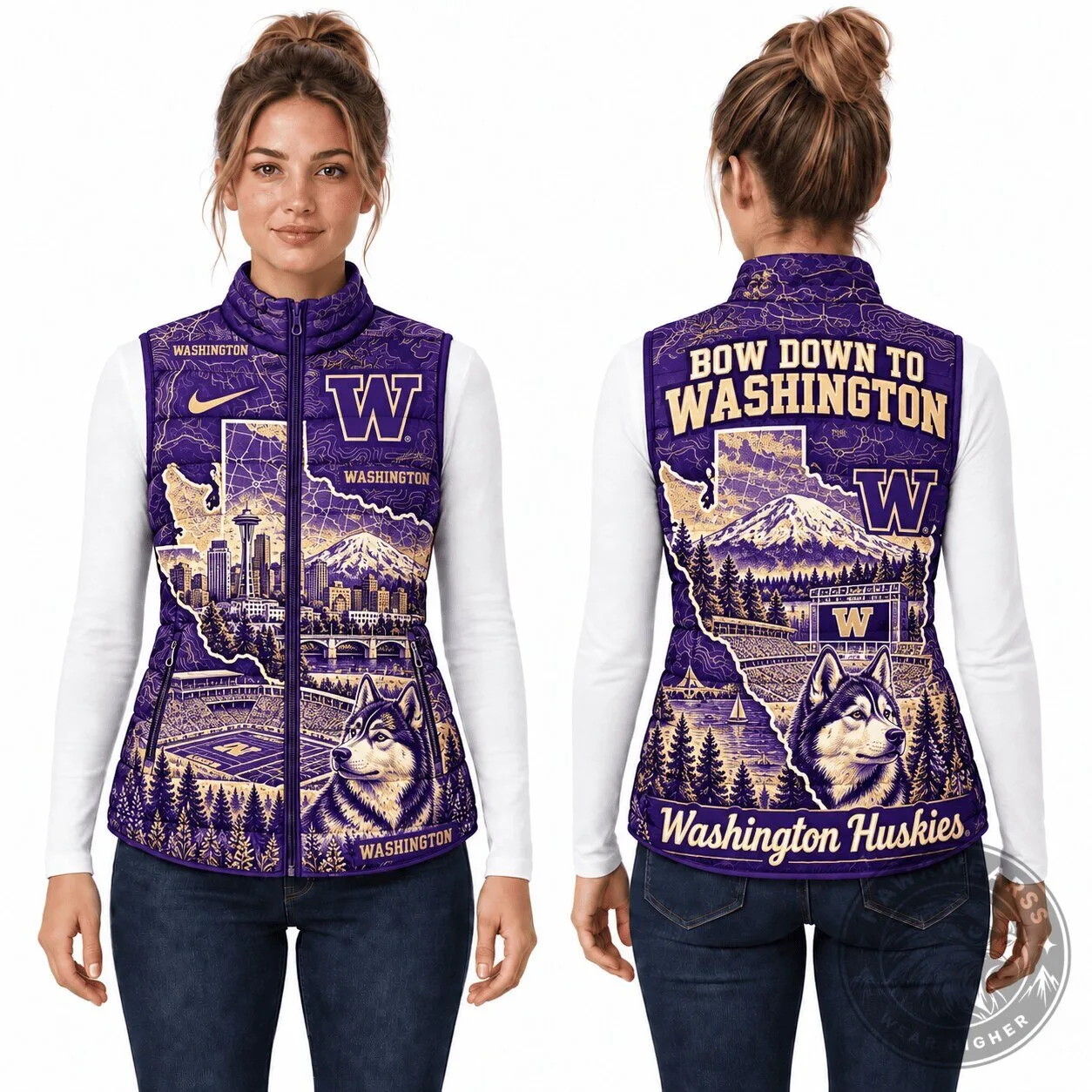 Washington Huskies Football Team Purple and Gold Puffer Vest for Women