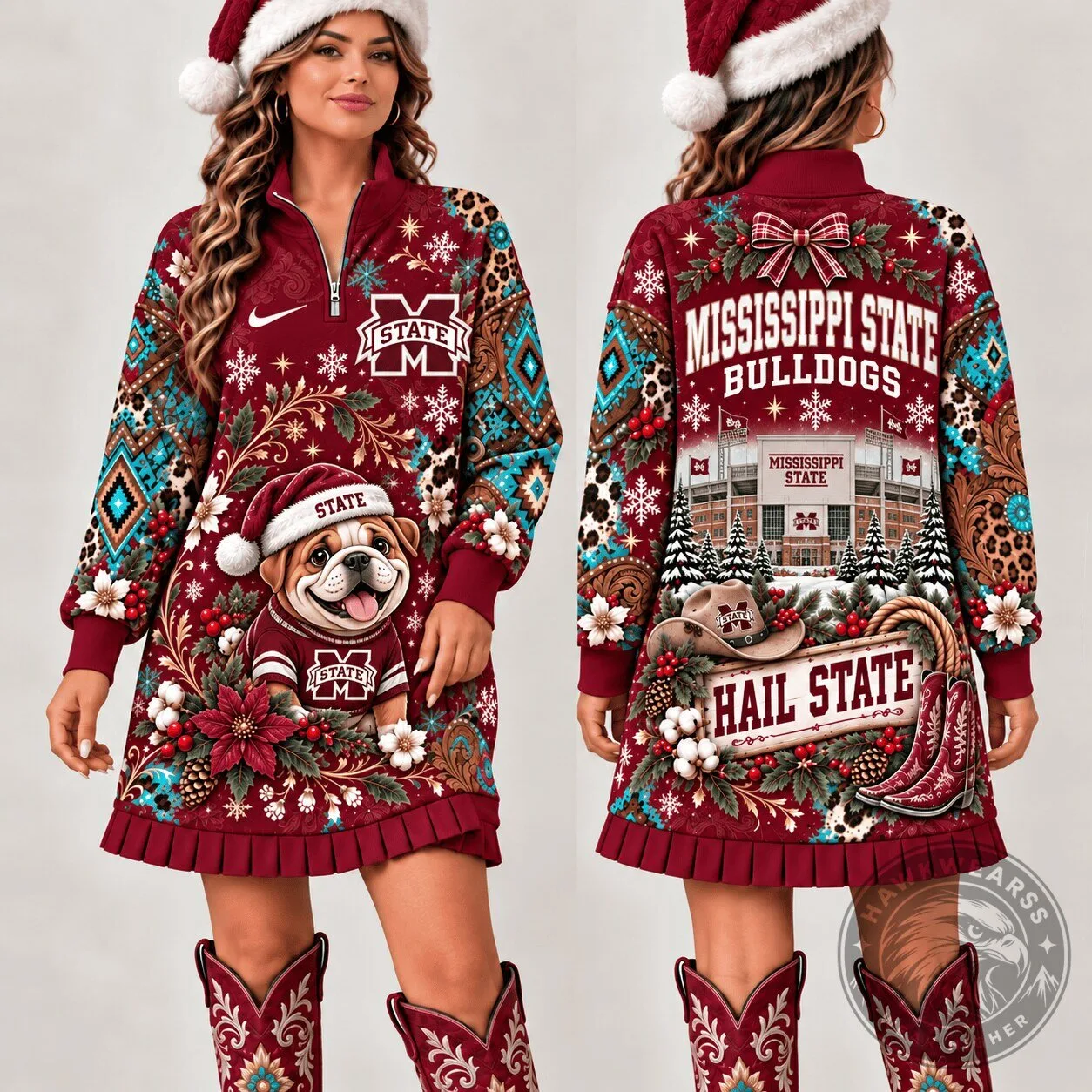 Mississippi State Bulldogs Christmas Western Boho Quarter Zip Dress 2 Mississippi State Bulldogs Christmas Western Boho Quarter Zip Dress