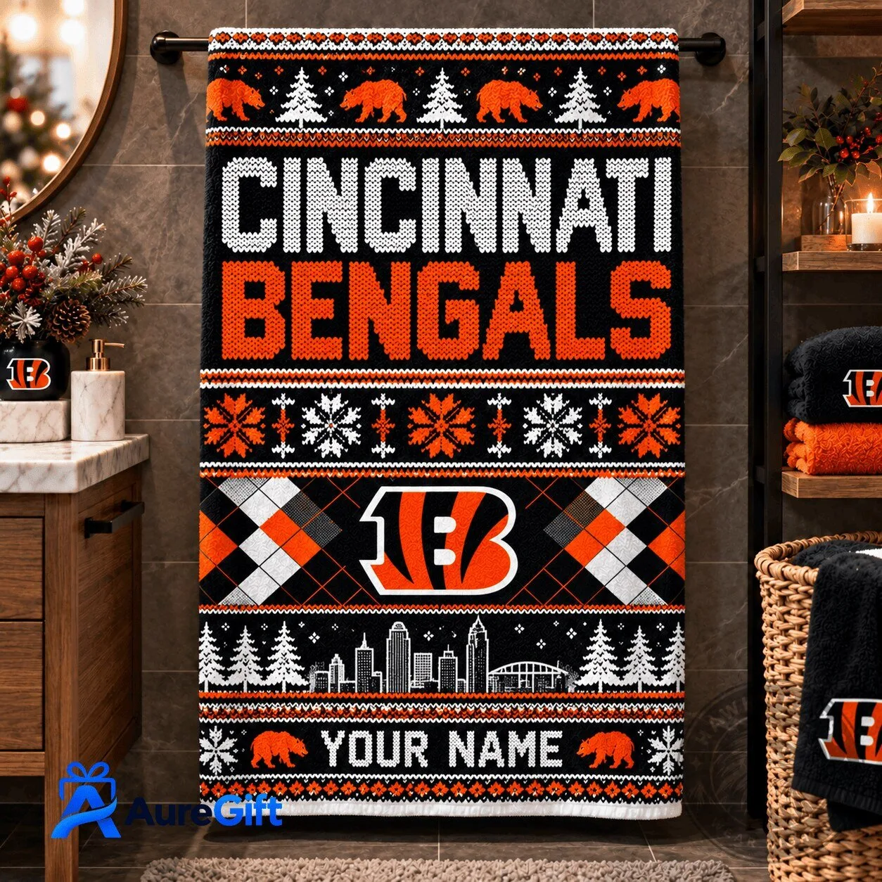 Cincinnati Bengals Christmas Personalized Name Ugly Sweater Style Bath Towel