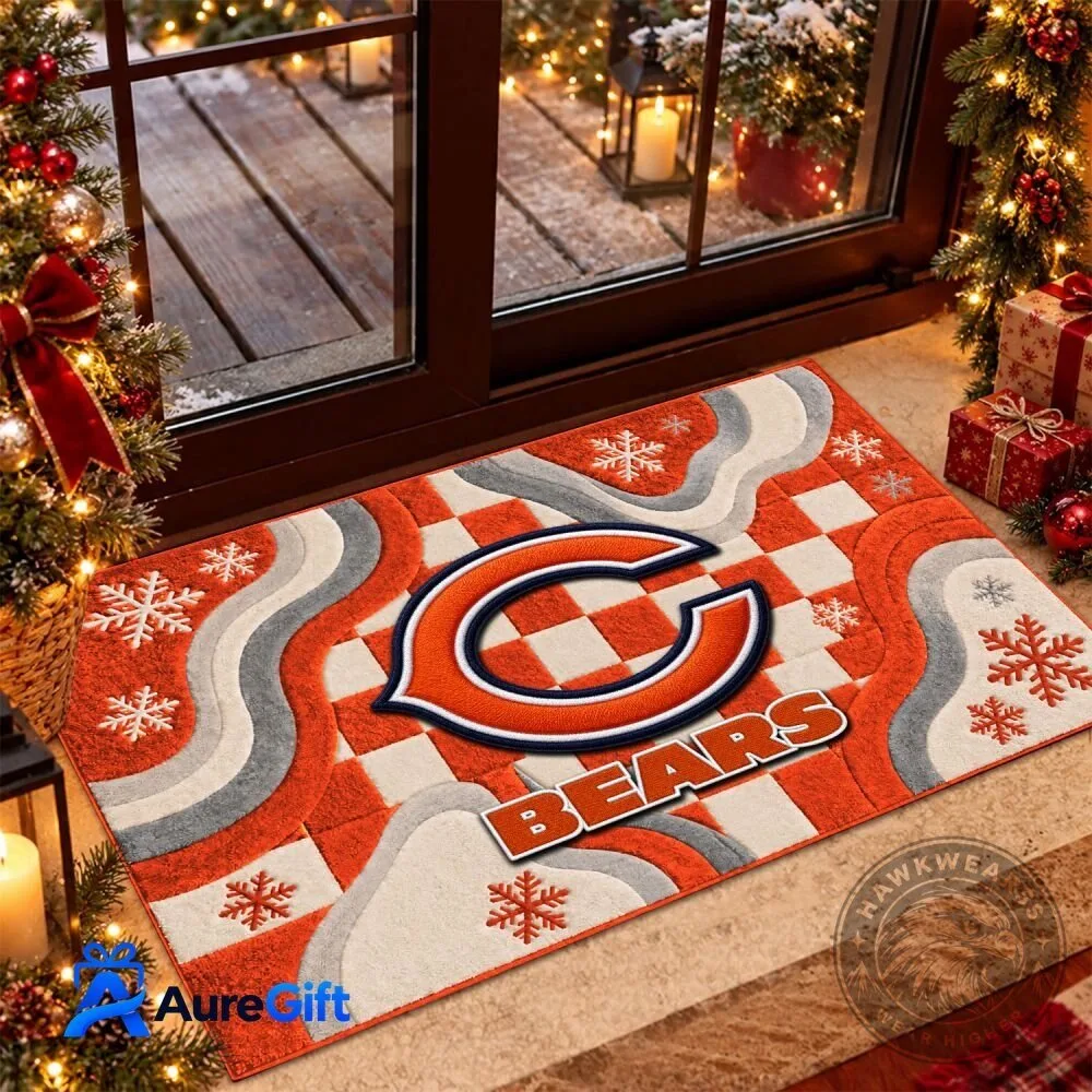 Chicago Bears Christmas Snowflakes Checkered Pattern Holiday Doormat 1 Chicago Bears Christmas Snowflakes Checkered Pattern Holiday Doormat
