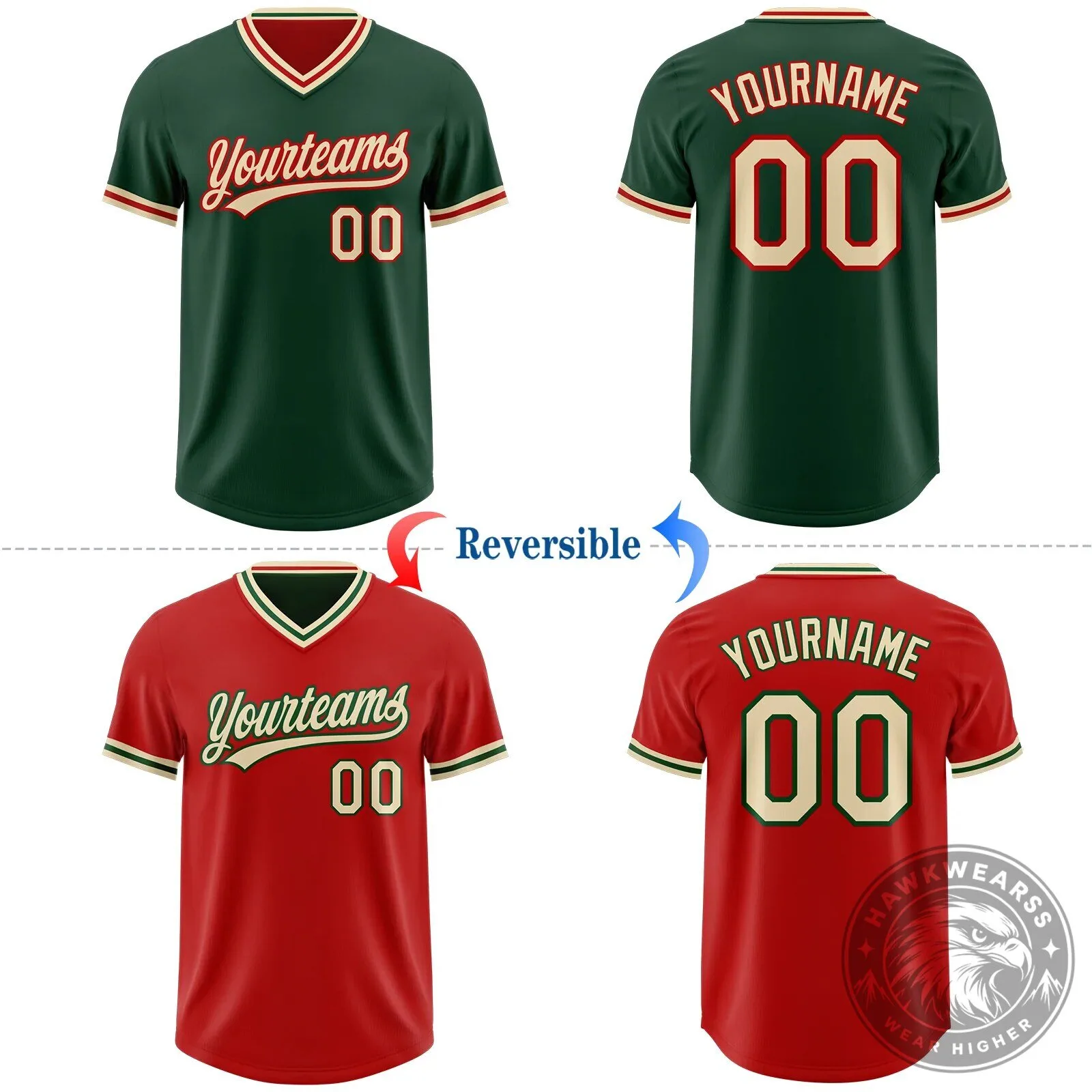 Custom Green Cream Red Reversible Pullover Baseball Jersey Shirt 12 Custom Green Cream Red Reversible Pullover Baseball Jersey Shirt