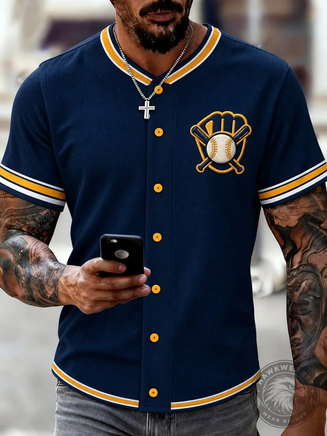 Men's Baseball Button-Down Short Sleeve Jersey with Embroidered Logo