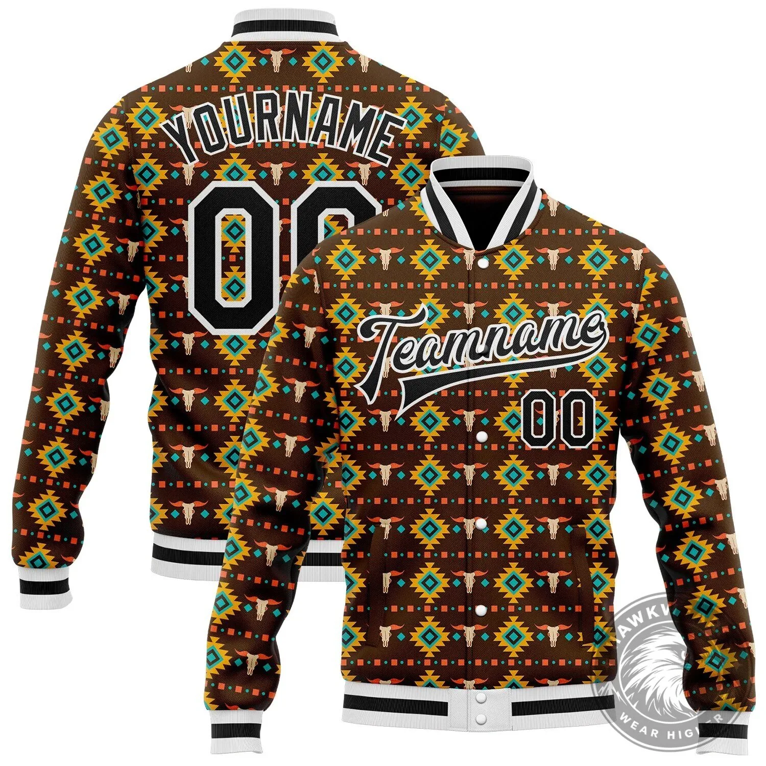 Custom Western Cow Skull Aztec Pattern Brown Varsity Letterman Jacket 1 Custom Western Cow Skull Aztec Pattern Brown Varsity Letterman Jacket