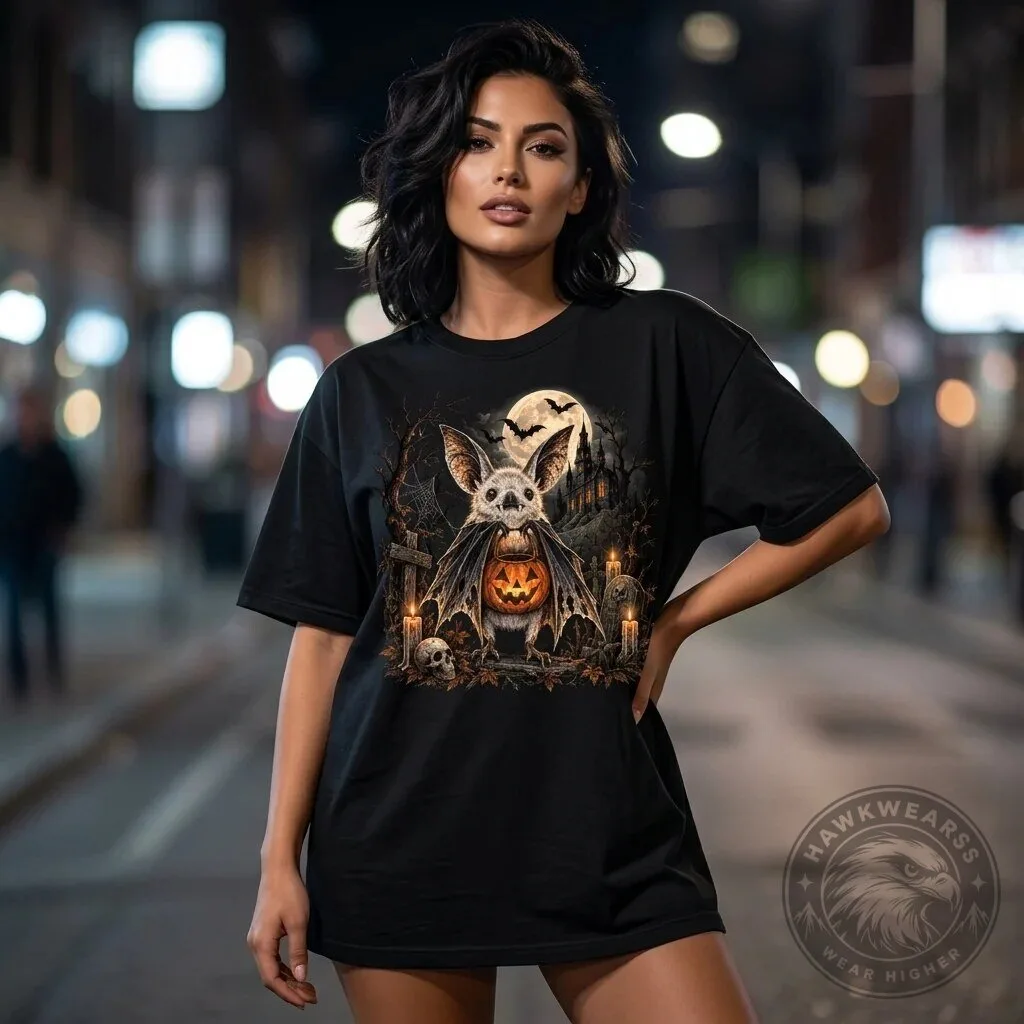 Cute Halloween Bat and Pumpkin Spooky Season Graphic T-Shirt 2 Cute Halloween Bat and Pumpkin Spooky Season Graphic T-Shirt