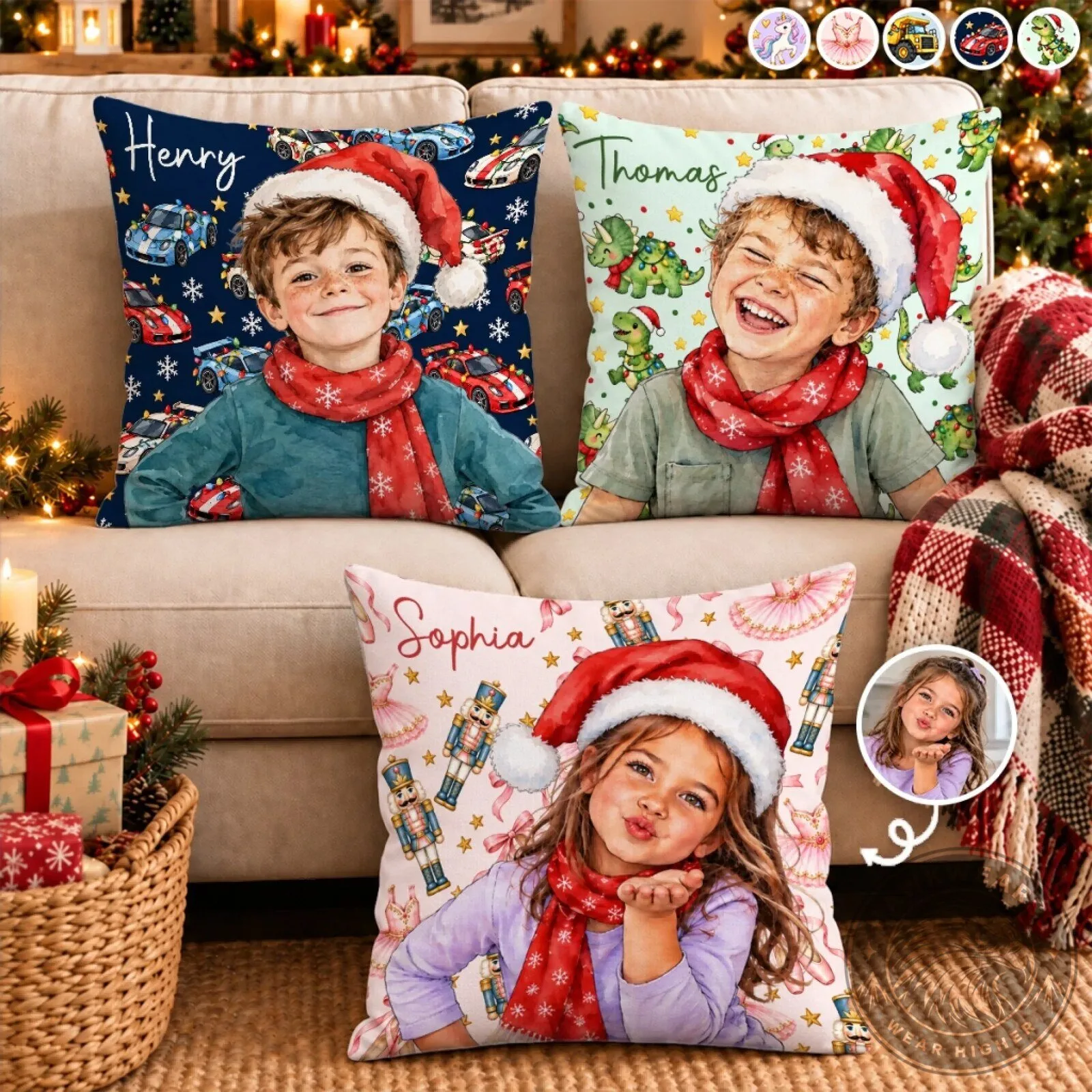 Personalized Kids Photo Christmas Character Custom Name Holiday Throw Pillow