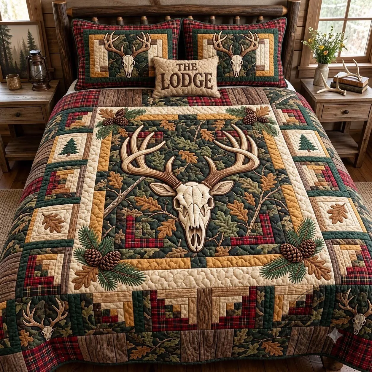 Rustic Antler Lodge Deer Skull Quilted Bedding Set with Pillow Shams