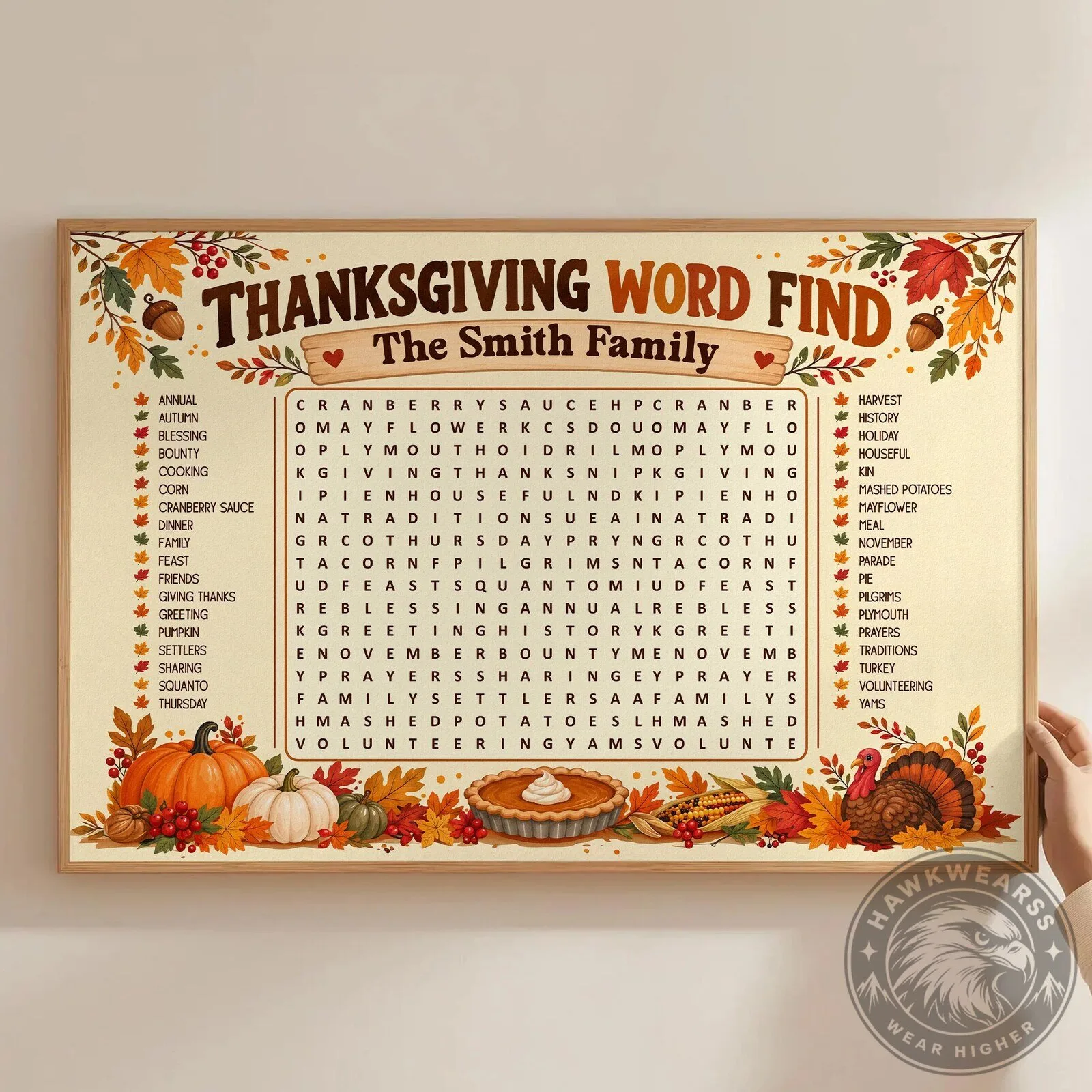 Personalized Thanksgiving Word Find Game Poster for Family Gatherings