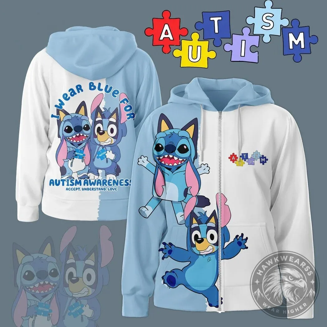 Bluey Stitch Autism Awareness Accept Understand Love Hoodie