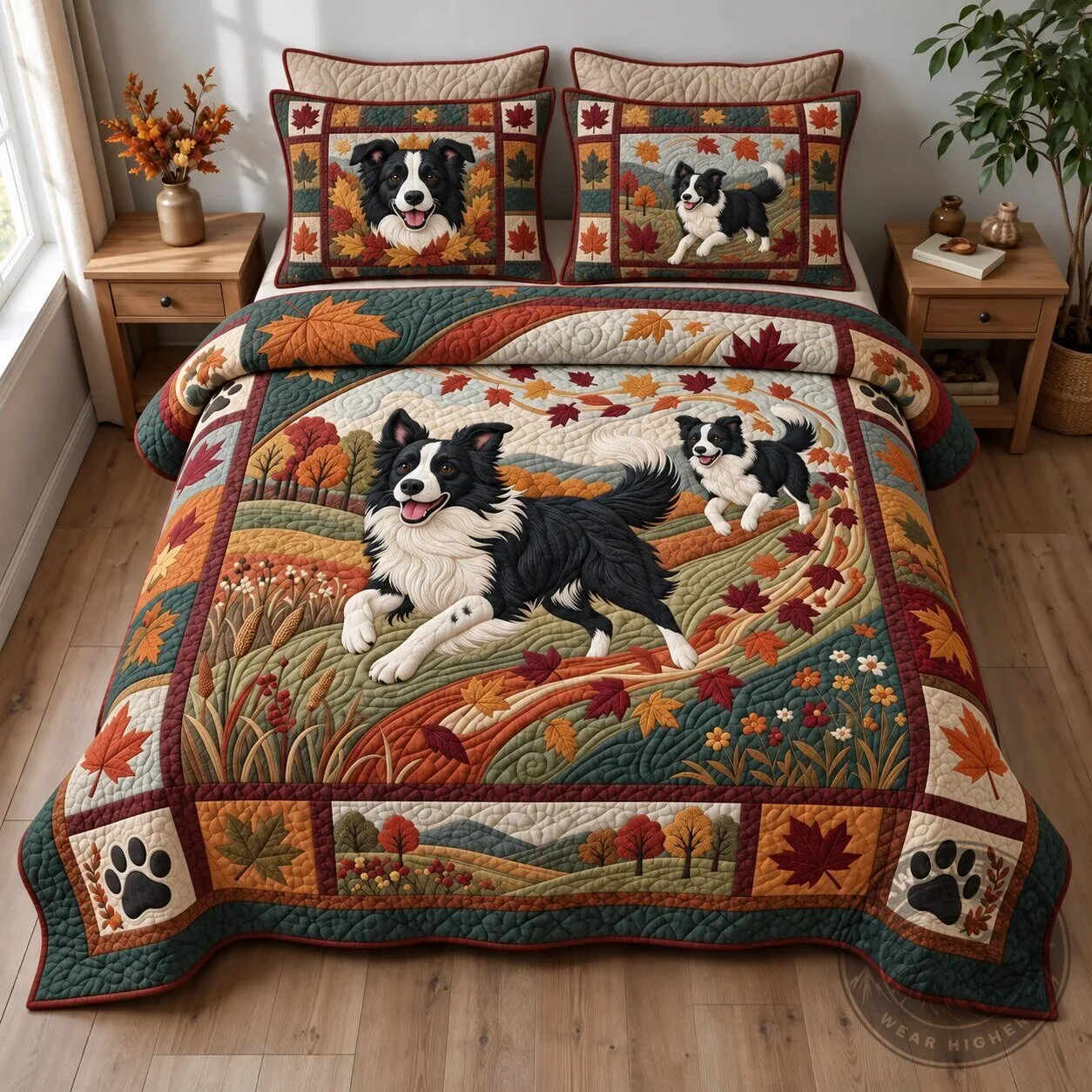 Border Collie Dogs Autumn Leaves Quilted Bedding Set