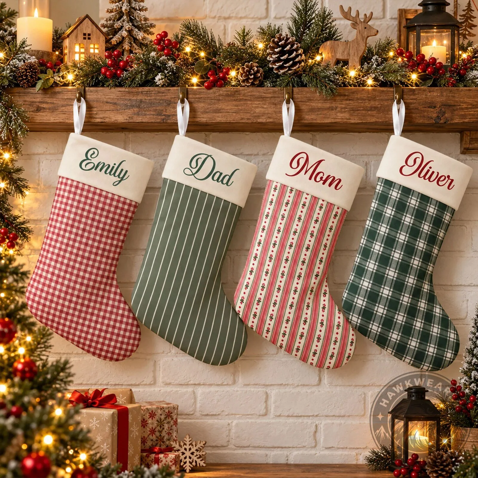 Personalized Family Name Striped Plaid Christmas Stocking Holiday Decor