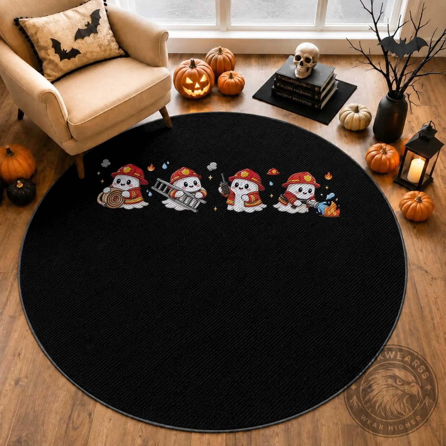 Funny Halloween Firefighter Ghost Spooky Season Round Rug